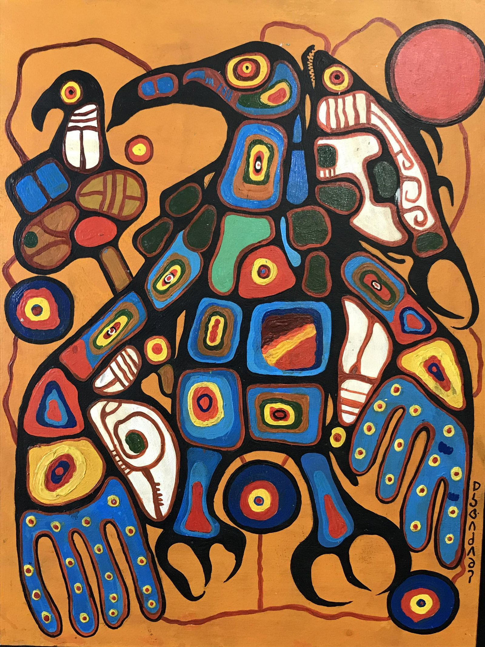 Signed Oil on Board AFTER Norval Morrisseau: Signed Oil on Board AFTER Norval Morrisseau, Signature in Cree syllabics in black paint in the lower right corner, Please Note: All lots that do not carry established documented provenance nor any pas