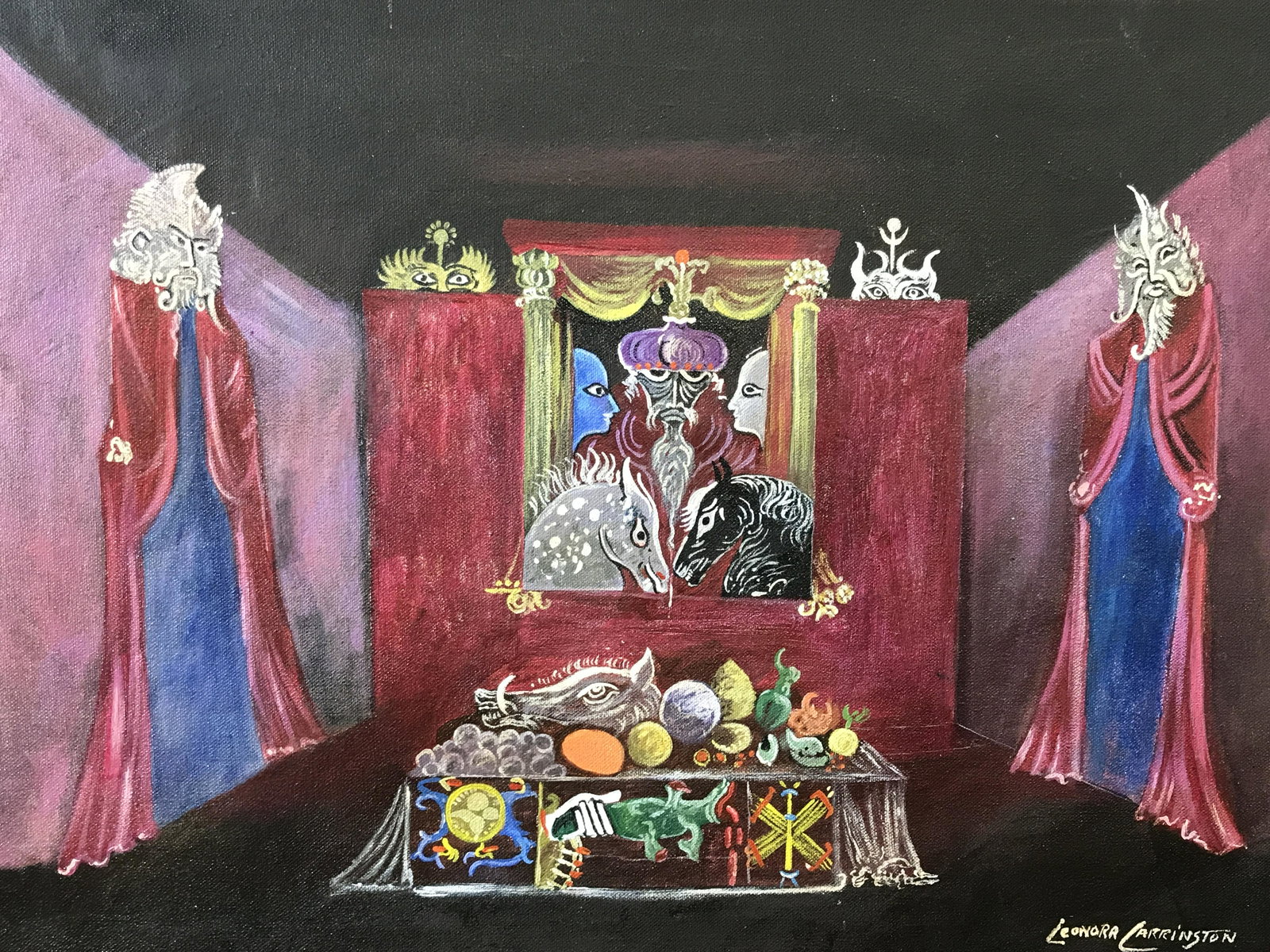 Signed Oil on Canvas AFTER Leonora Carrington: Signed oil on canvas AFTER Leonora Carrington, signature in the lower right corner reads Leonora Carrington, Please Note: All lots that do not carry established documented provenance nor any past reco