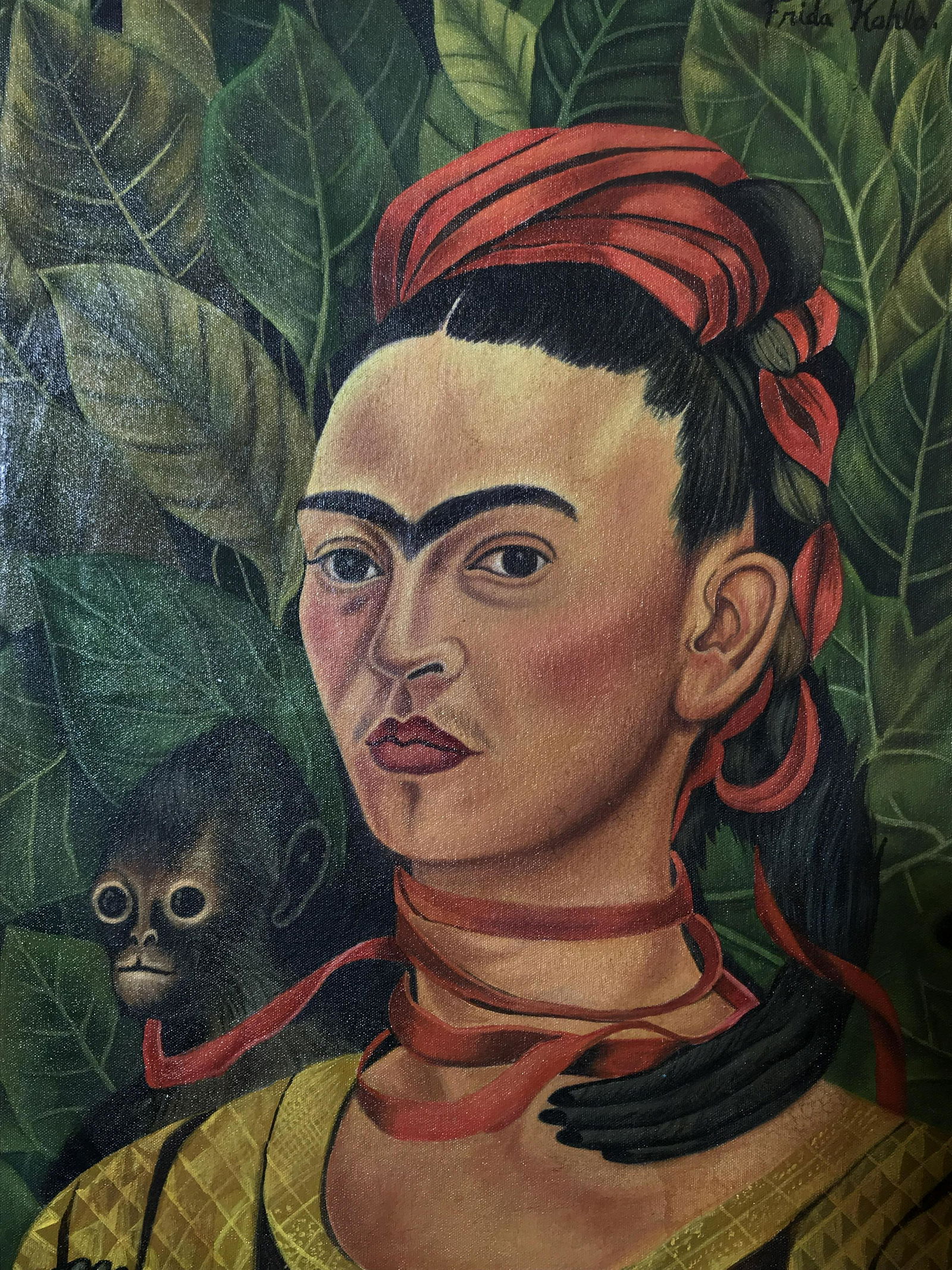 Signed Oil on Canvas AFTER Frida Kahlo: Signed oil on canvas AFTER Frida Kahlo, signature in the upper left corner in black paint reads Frida Kahlo, Please Note: All lots that do not carry established documented provenance nor any past reco