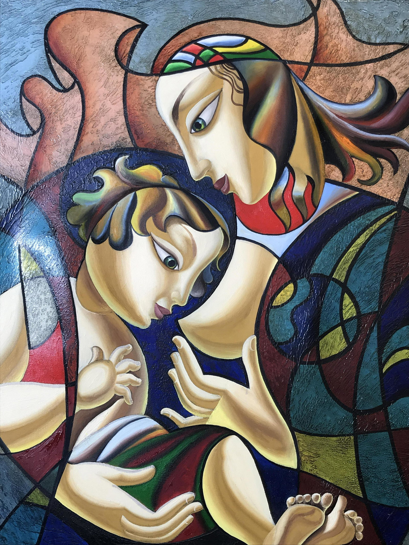 Signed Oil on Canvas Misha Borisoff: Signed oil on canvas, signature in the lower right corner reads Misha Borisoff, subject a Russian cubist scene of a mother breastfeeding her child, piece displays a variety of paint styles such as imp