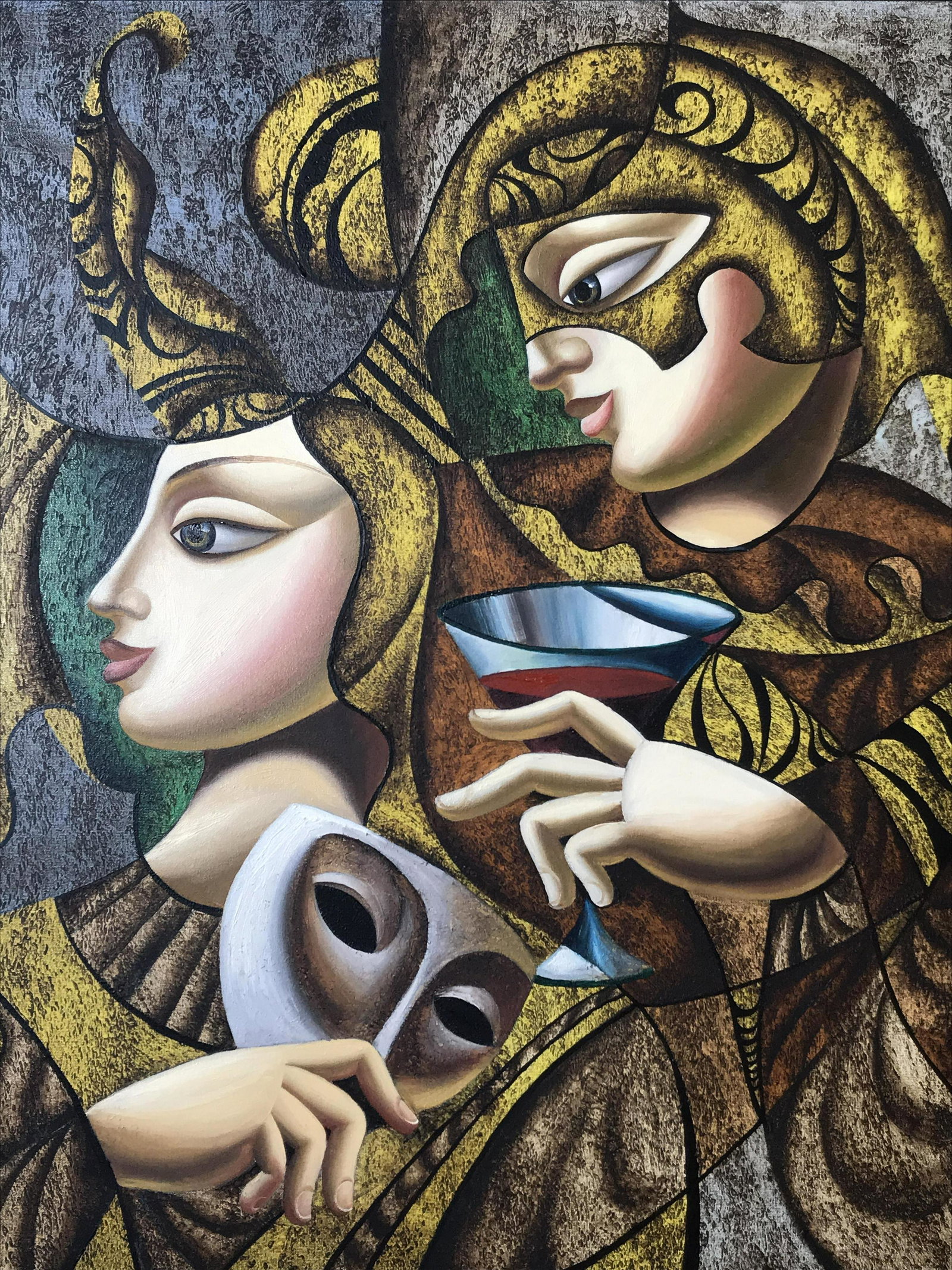 Signed Oil on Canvas Misha Borisoff: Signed oil on canvas, signature in the lower right corner reads Misha Borisoff, subject a Russian cubist scene of two masked figures in golden robes while holding wine, piece displays a variety of pai