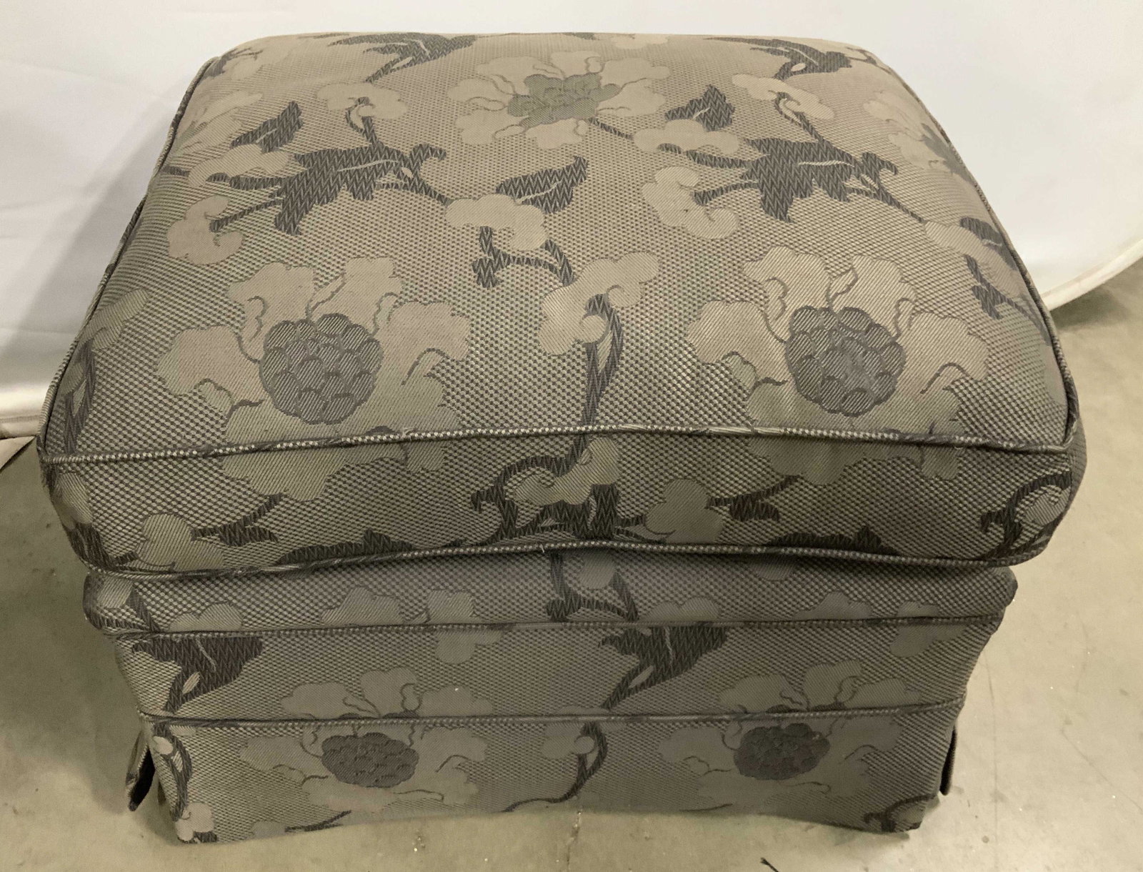 Custom Upholstered Ottoman Hassock: Seating, ottoman, hassock, custom upholstered, good condition, measures ht app 19 inches top measures app 24 by 27 inches, self welting accent trim, designer piece, gray on gray tones, soft hand