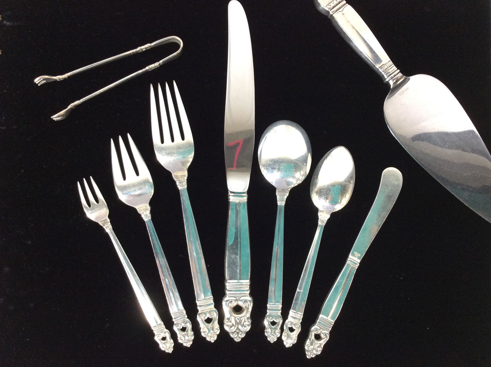 Vintage Sterling Royal Danish Flatware Set: Vintage set includes 12 Dinner Knives 18 Dinner Forks, 24 tea spoons, 12 table spoons, 6 lunch forks, 12 butter knives, 9 cocktail forks, 1 Cake Server, 1 ice Tongs. All pieces marked USA ROYAL DANISH