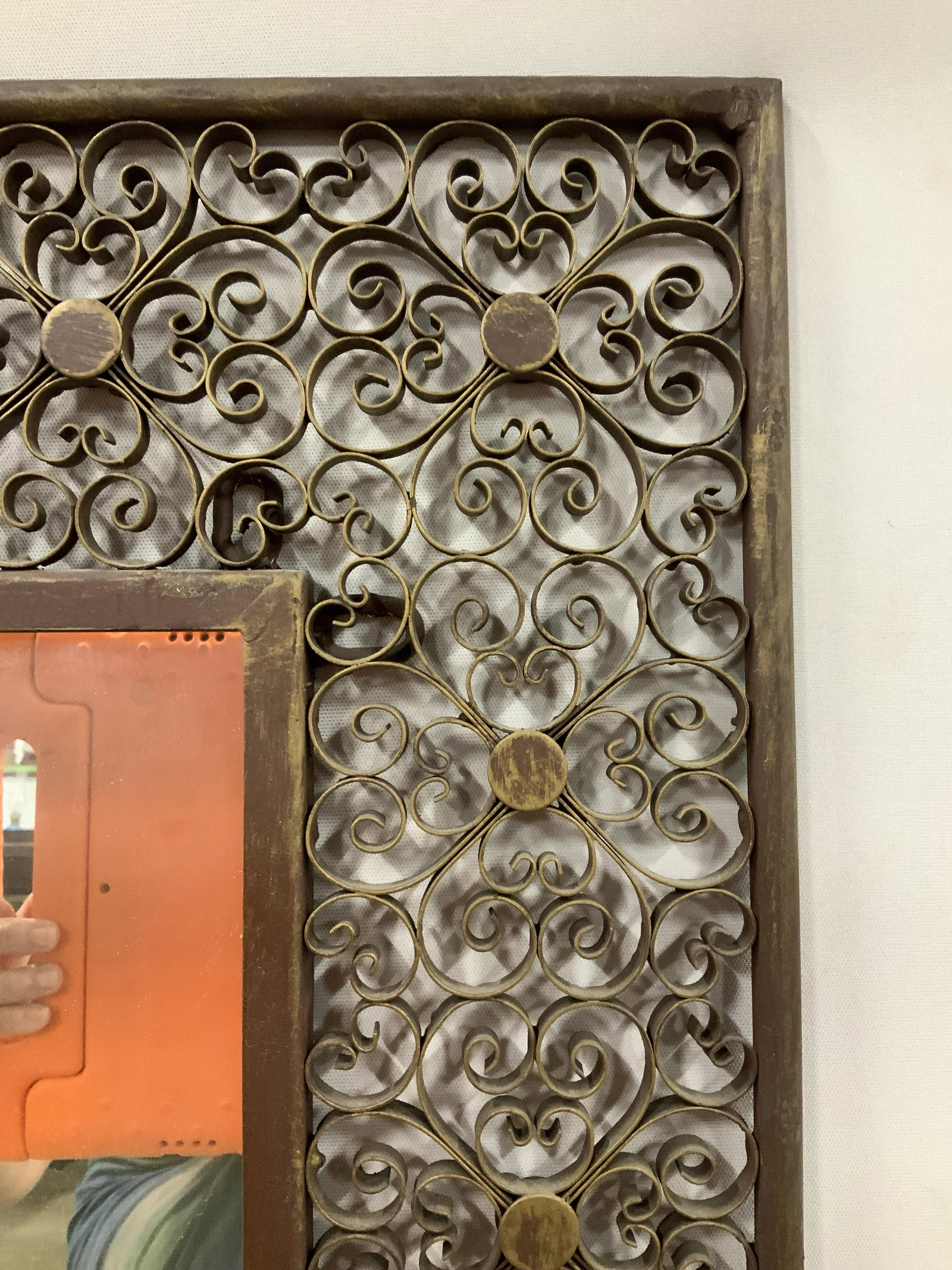 Vintage Hand Wrought Iron Metal Framed Mirror: Wide metal and iron frame of curls and swirls interior frame and center mirror, vintage mirror, home furnishings, decorative arts and accessories, home accent, property of Manhattan New York Estate me