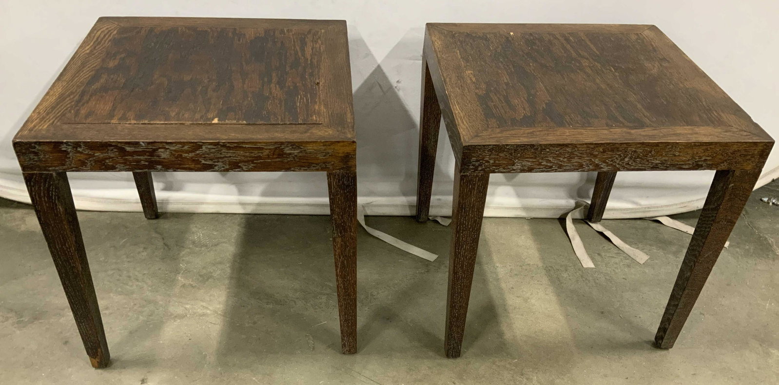 Pair Cerused Wood Mid Century Modern Tables: Pair of mid century modern end tables, side tables or pair as coffee tables, drinks tables, cerused to bring out wood grain, wide banding on surface design element, tapered legs, each measures ht 18 i
