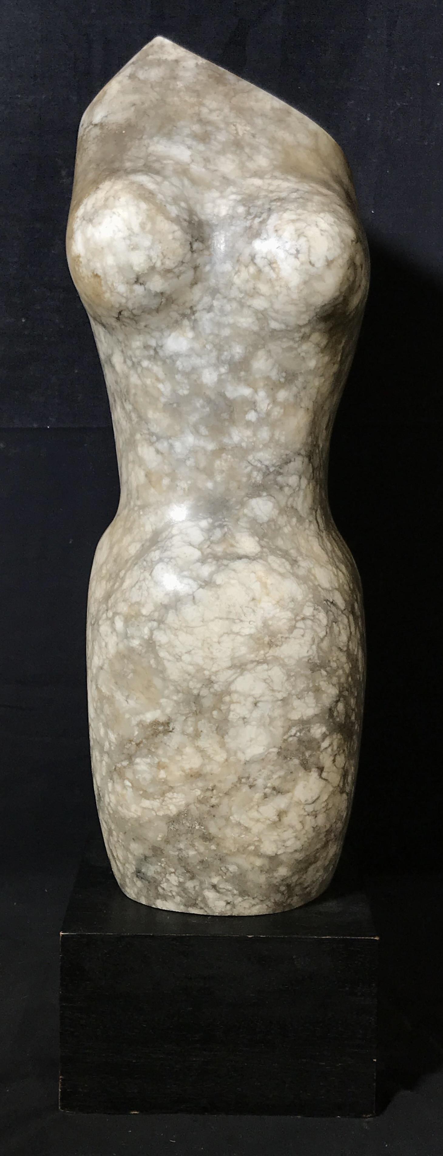 Marble Statue on Wooden Pedestal: Marble statue on wooden pedestal, no apparent signature, subject the silhouette of a female form accentuating the waist and breasts, marble is in grey white and brown, black painted wooden base, measu