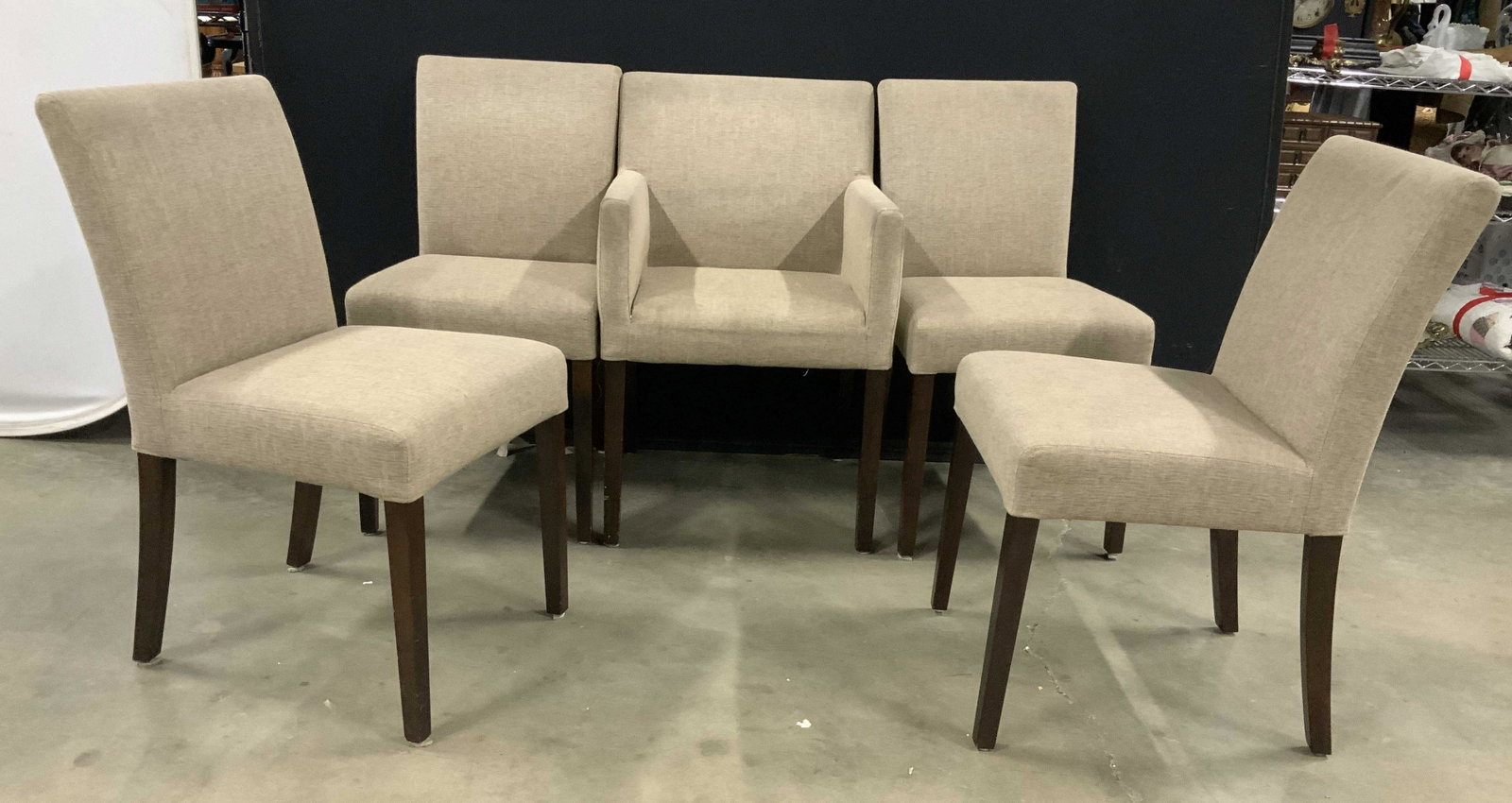 Set 5 Jason’s Furniture Upholstered Dining Chairs: Set includes one arm chair and four side chairs, parsons style chairs, home furnishings, dinner chairs, label underside for Jason’s furniture, upholstery has significant wear side chairs measure ht 