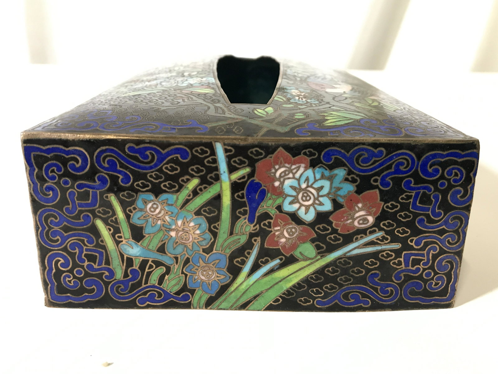 Vintage Chinese Tissue Box Cover: Tissue box cover is vintage possibly antique. Piece has intricate multi toned floral, bird, and leaf detail. Decirative arts and accessories, tableware, Chinese tissue box cover, tissue box cover, vin