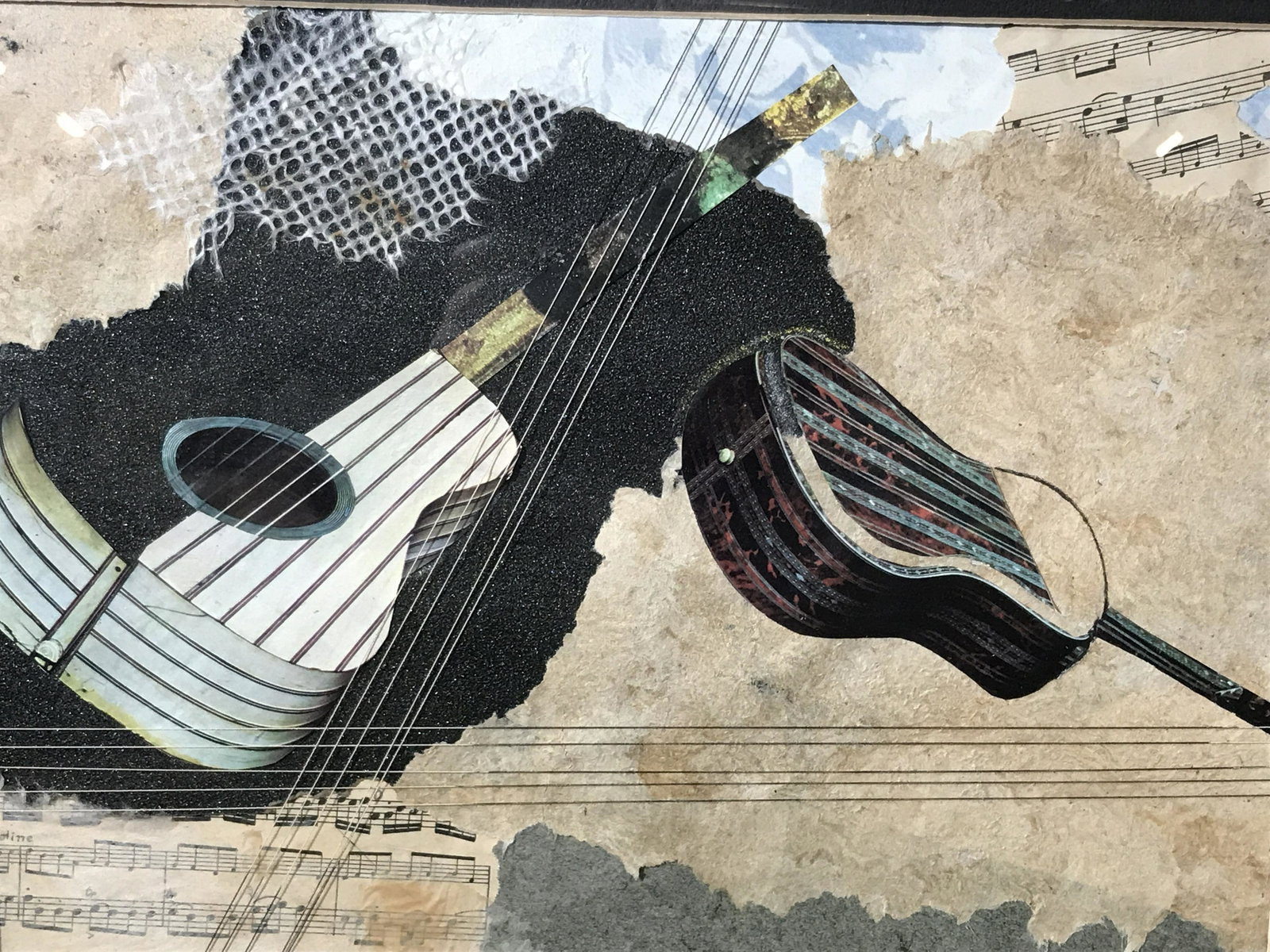 Signed Mixed Media Collage Helga Brinitzer: Signed mixed media collage, signature in the lower right corner reads Helga Brinitzer, title on reverse reads ‘Let there be music’, subject a collage of different papers with guitar imagery string