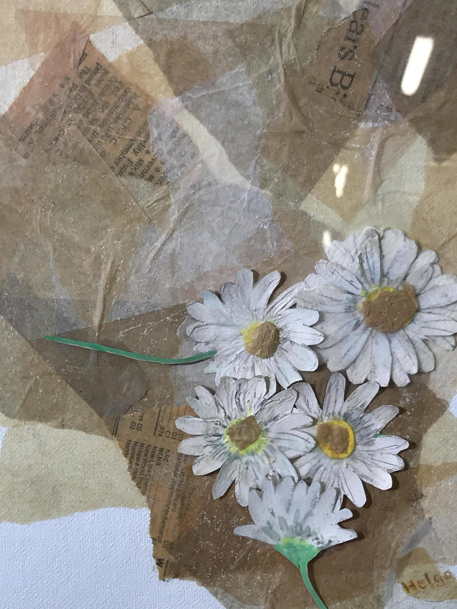 Signed Mixed Media Collage Helga Brinitzer: Signed mixed media collage on canvas board, signature in the lower right corner reads Helga, subject a collage of tissue paper newspaper and other medias to create a scene centered on five daisies, wh