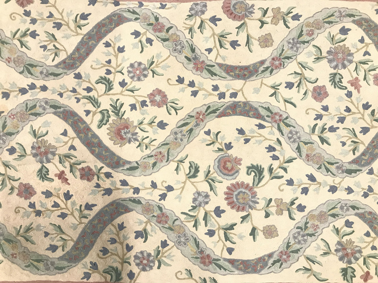 Vintage Handmade CHAINSTITCH Wool Rug: Rug is wool and handmade. Piece is CHAINSTITCHED. Rug has multi toned floral vine & leaf detail. Measures approximately 72 inches long 48 inches wide. Rug, carpet, area rug, wool rug, vintage rug, han