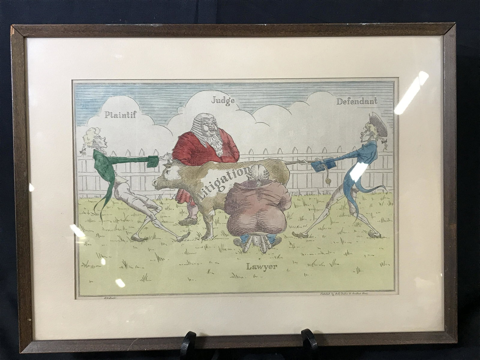 political cartoon, R.O. Braht: Political cartoon, R.O. Braht, cartoon makes satirist aside about the nature of the judicial system and the roles of the judge, lawyer, Plaintiff and defendant, signed by the artist, inscribed with pu
