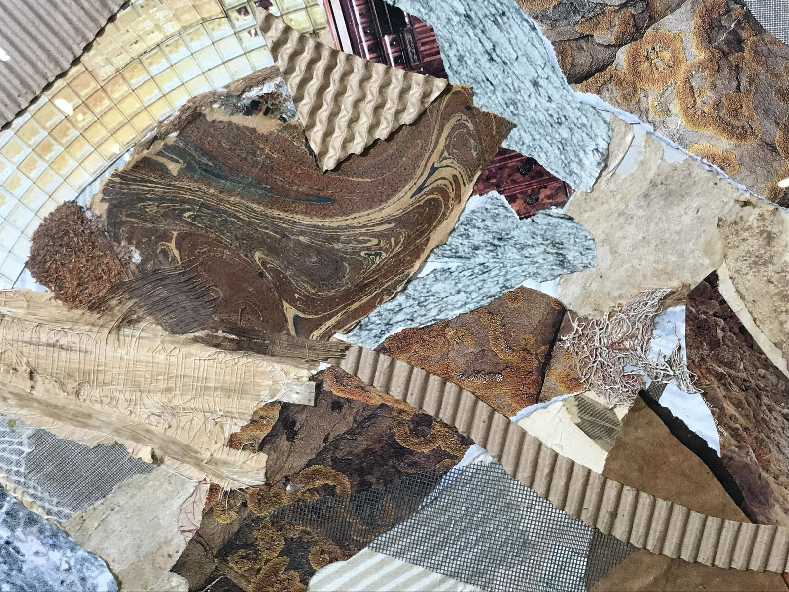 Signed Mixed Media Collage Helga Brinitzer: Signed mixed media collage on canvas board, signature in lower right corner reads Helga Brinitzer, subject a collage of various papers among other medias, reddish brown matting, gold metal frame, meas