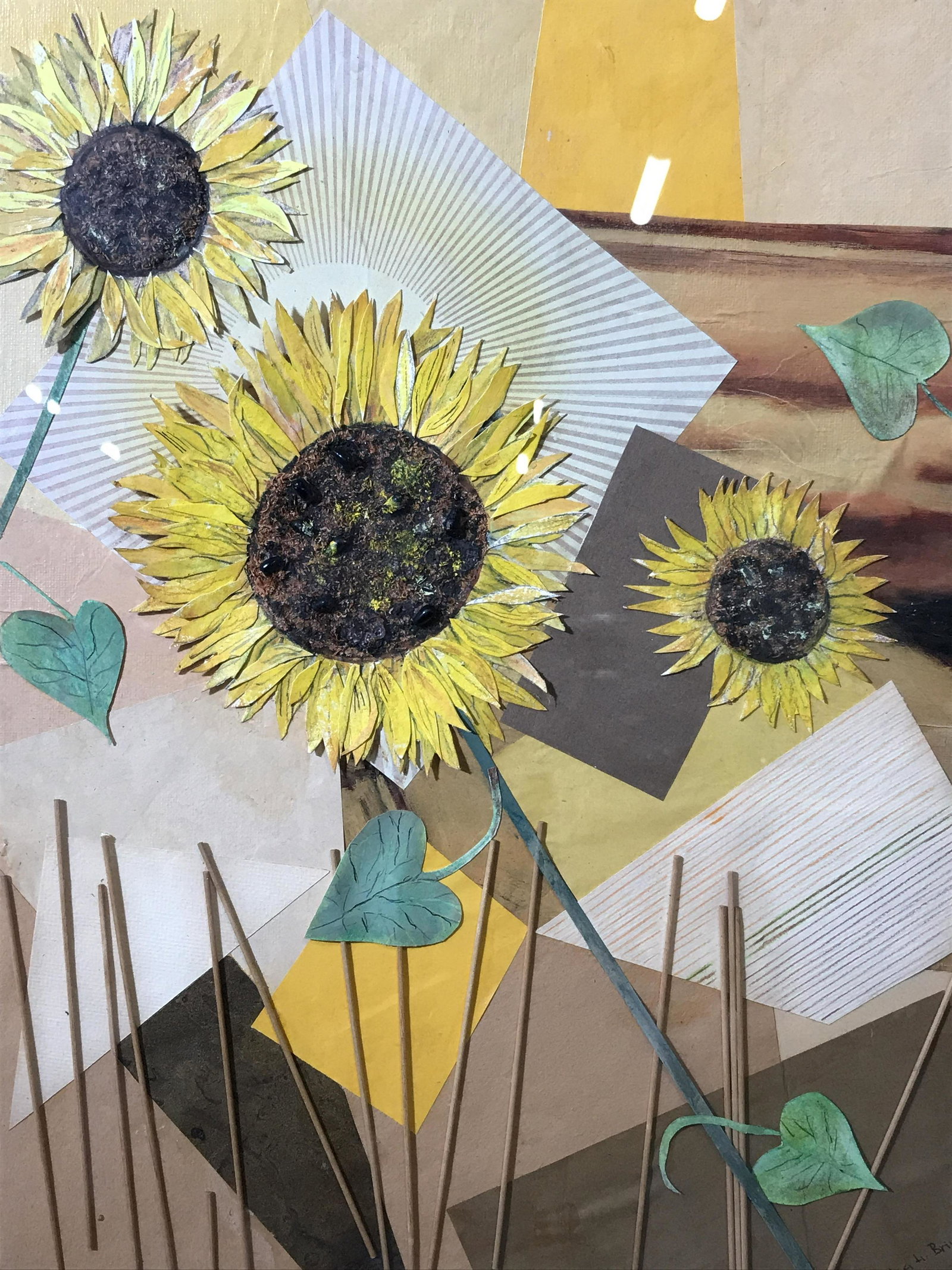 Signed Mixed Media Collage Helga Brinitzer: Signed mixed media collage on canvas board, signature in lower right corner reads Helga Brinitzer, subject a collage of various papers among other medias centered around three sunflowers, red painted 