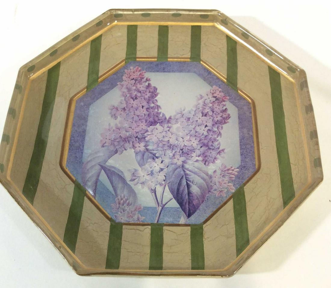 Hand Painted Glass Octagonal Table Dish: Center lilacs, underside painted stripe pattern. 8 1/4 in. diameter. Trinket Dish, Display Dish, Tabletop, Shelf Decor, Home Accessory Decor, Art Glass, Moonlighting Interiors, Octagonal Plate, Vintag