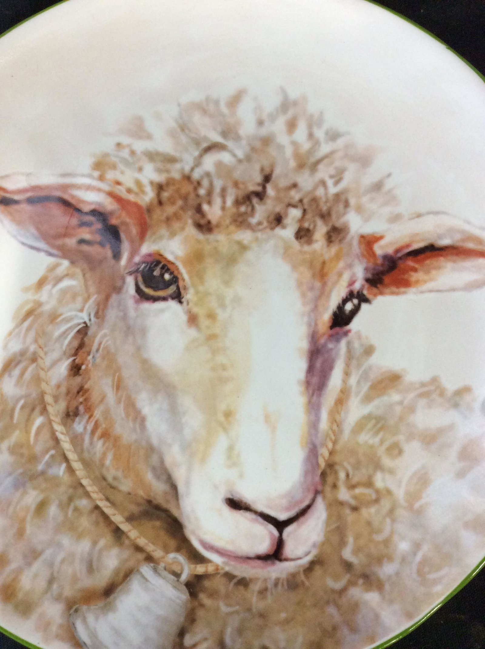 Hand Painted PIER 1 Sheep Face Dinner Plate: 8.5 in. Hand painted Sheep/ Lamp with bell on neck, green band rim. Backside reads ‘Exclusively For Pier 1’ & Dishwasher Microwave Safe. Stoneware, Earthenware, Plate, Food Plate, Sheep Face, Hand
