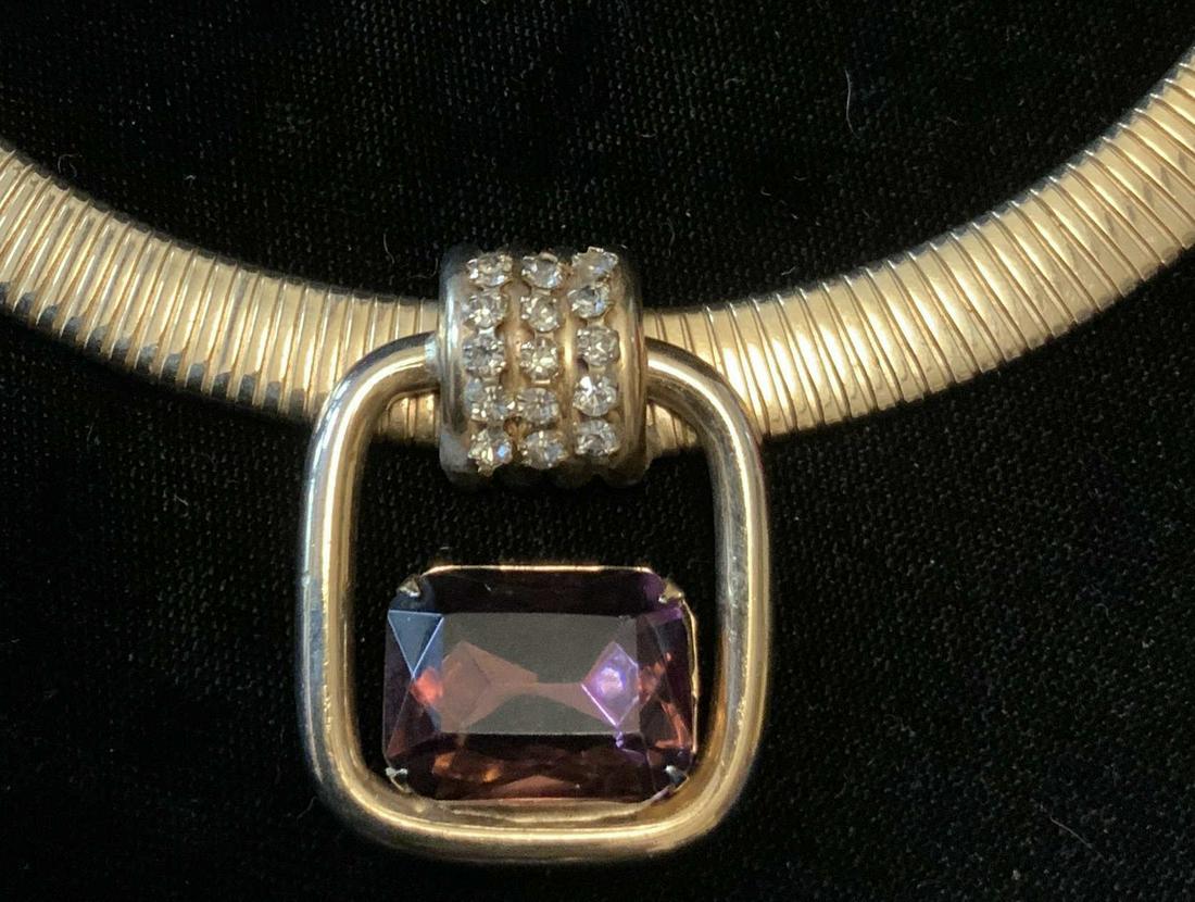 Vintage Tourmaline gold toned Chain Necklace: Fashion jewelry, costume jewelry, gold toned chain choker length with pendant drop or amethyst tone Tourmaline, estate jewelry, fashion jewelry, measures to drop app 7 inches, pendant app 1.5 inches