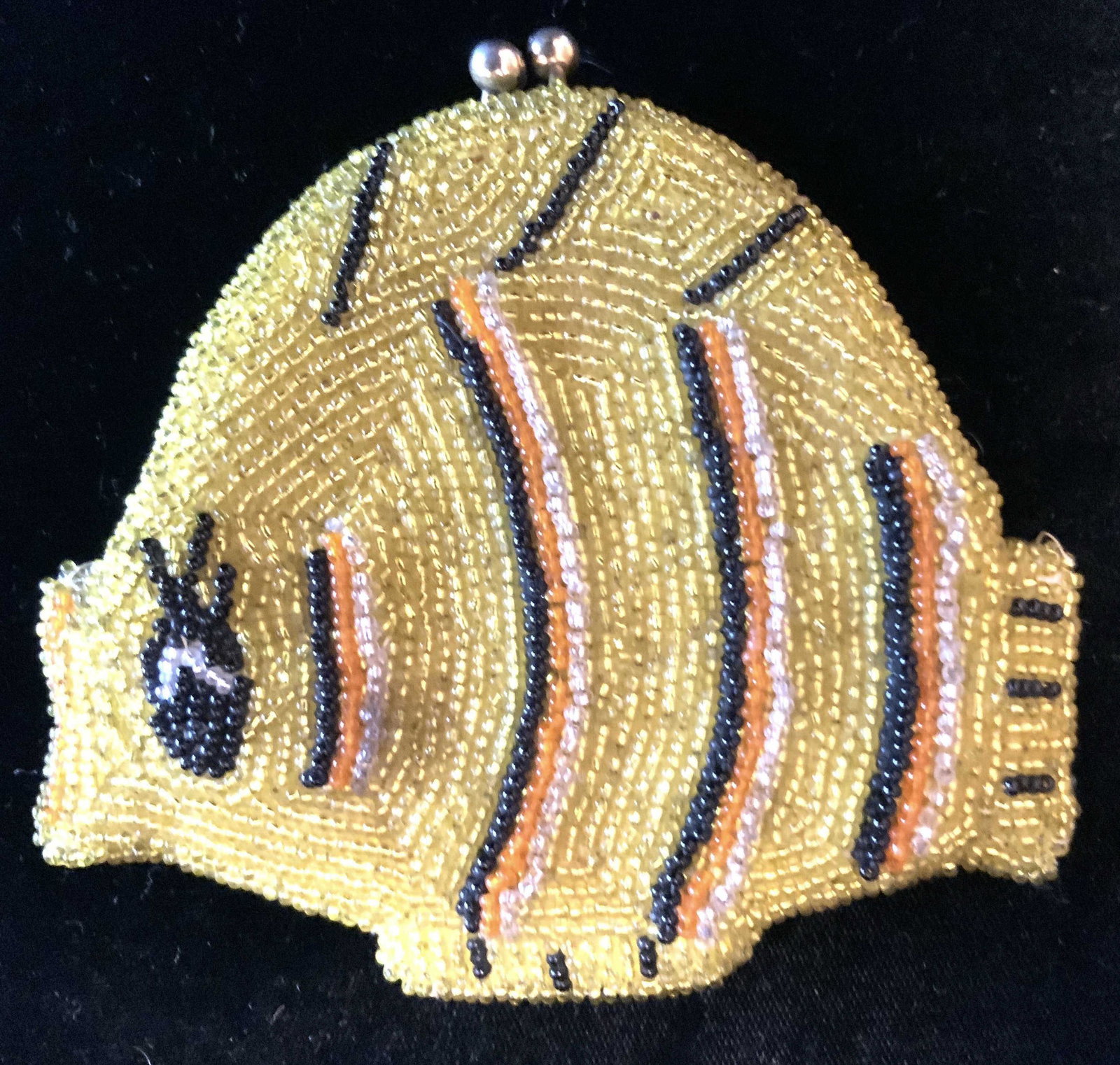 Vintage Beaded Fish Form Purse: Micro beaded, hand made , Korea, change purse, fashion accessory measures app 4.5 by 4.5 inches