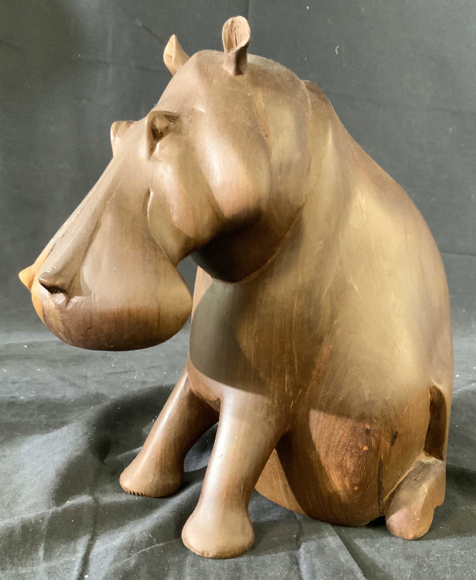 Hand Carved Wood Hippo Figural Sculpture: Solid piece of Wood, hand Carved Hippo figure, decorative arts, arts and crafts, animal statuary, home decor, measures ht 10.5 inches width 8 inches depth 12 inches