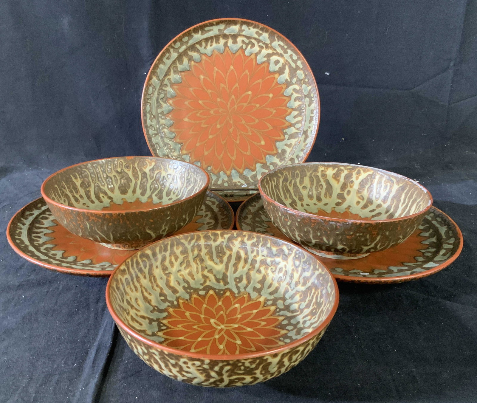 Vintage Hand Crafted Pottery Tableware: Set includes Three plates diameter app 9 inches and three bowls ht 3 inches, diameter app 6.5 inches, each hand crafted textural and hand painted and glazed, pottery ceramic table ware set, tbaletop, 