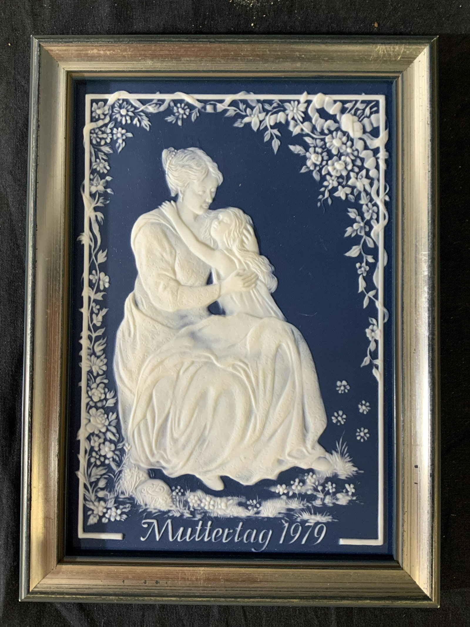 Villeroy and Boch Limited Edition Plaque: Bisque porcelain plaque of mother and child, release , 1973, edition of 10,000, marked trademarked, and etched made in Germany, framed measures app 9.5 by 7 inches, framed plaque, home decor, decorati