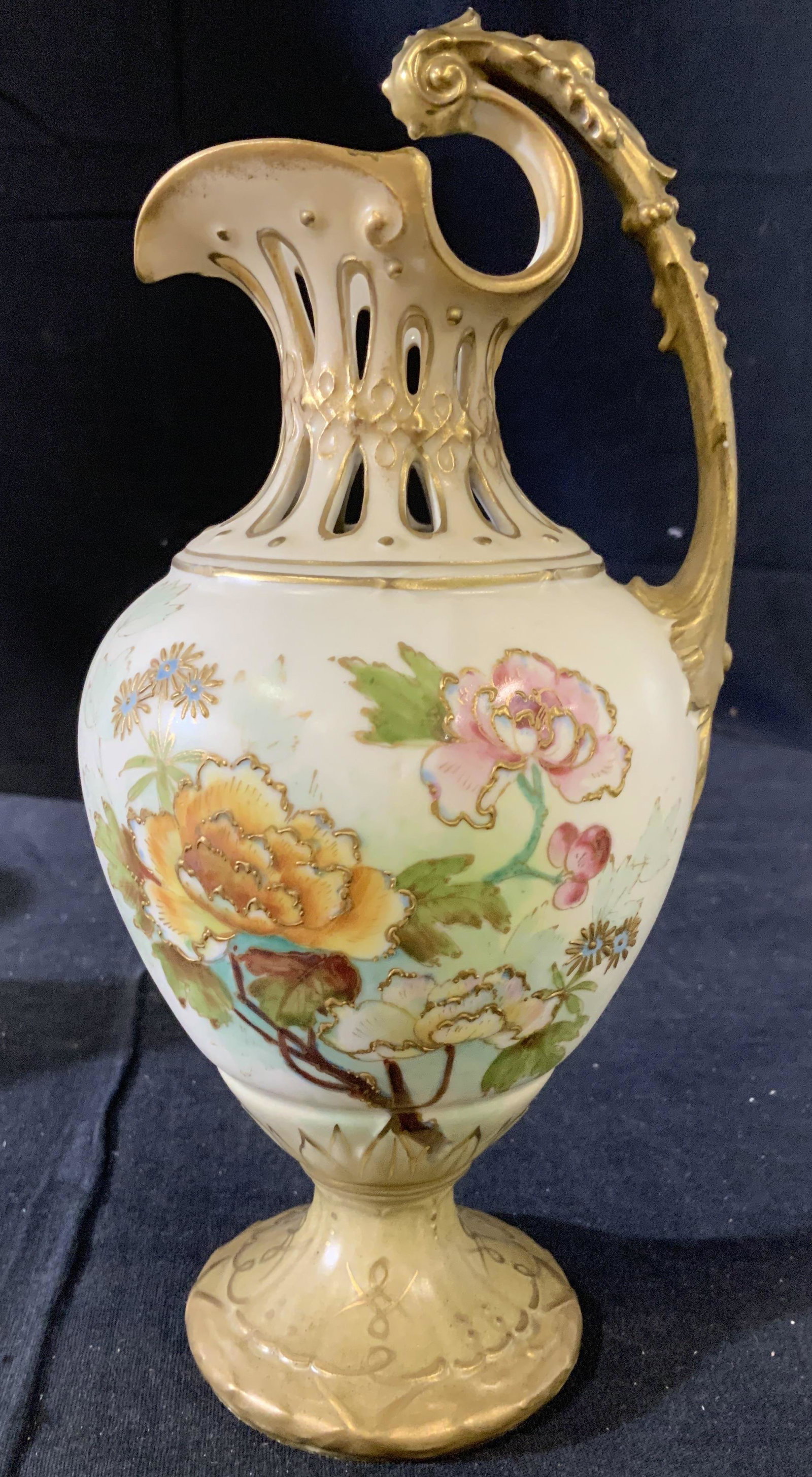 Antique Painted Vienna Porcelain Pitcher: Vase, vessel, Vienna porcelain, signed illegibly on underside, collectible table ware measures app 9.5 inches diameter app 5 inches