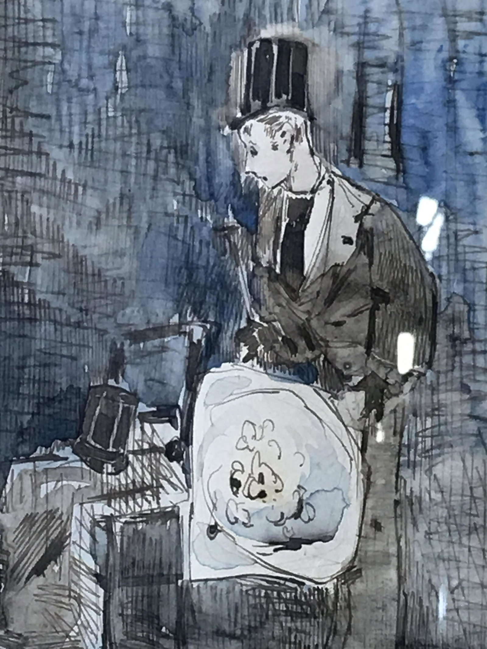 Hand-painted Lithograph Forain: Hand painted with watercolor lithograph on paper, artist name on the lower center matting reads Forain possibly refers to the French artist Jean-Louis Forain, subject a man in a suit and top hat with 