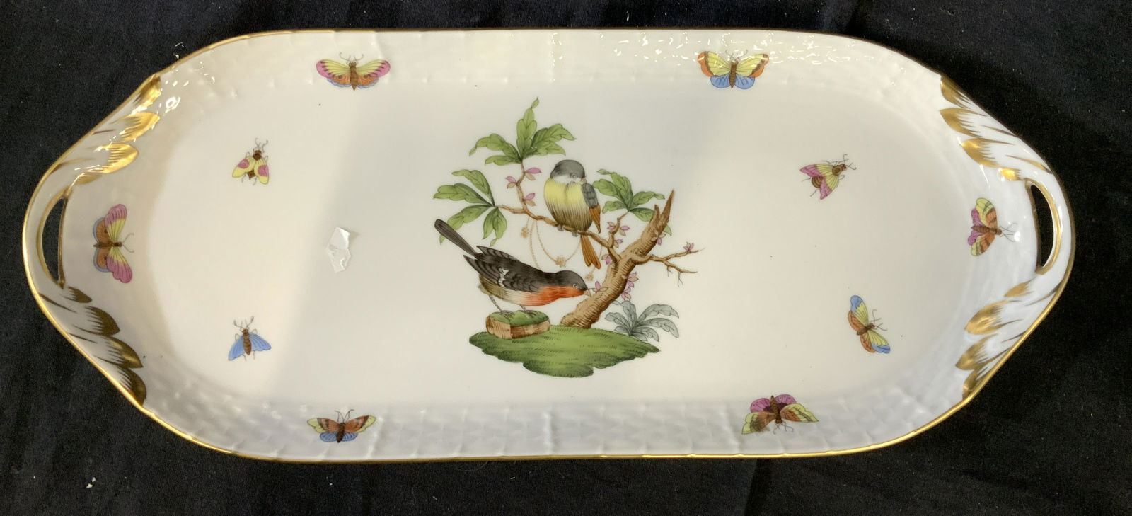 HEREND Hungary Porcelain Platter: Hand painted Porcelain marked for Herend, hand painted, birds and butterflies, collectible porcelain table ware, platter, centerpiece decor, measures app 14.5 inches width 6 inches