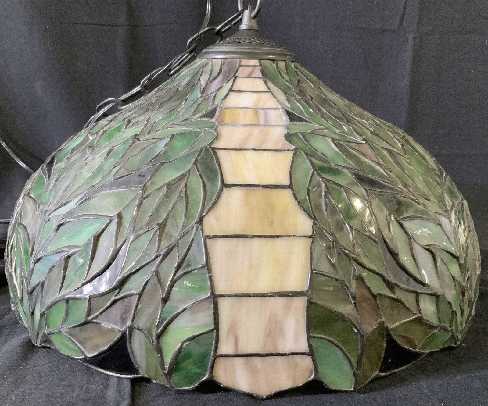 Tiffany Style Mosaic Chandelier: Colored composite pieces in Tiffany style mosaic ceiling fixture, chandelier, home lighting, ceiling fixture, three inside lights, vintage lighting measures diameter 20 inches ht 14 inches