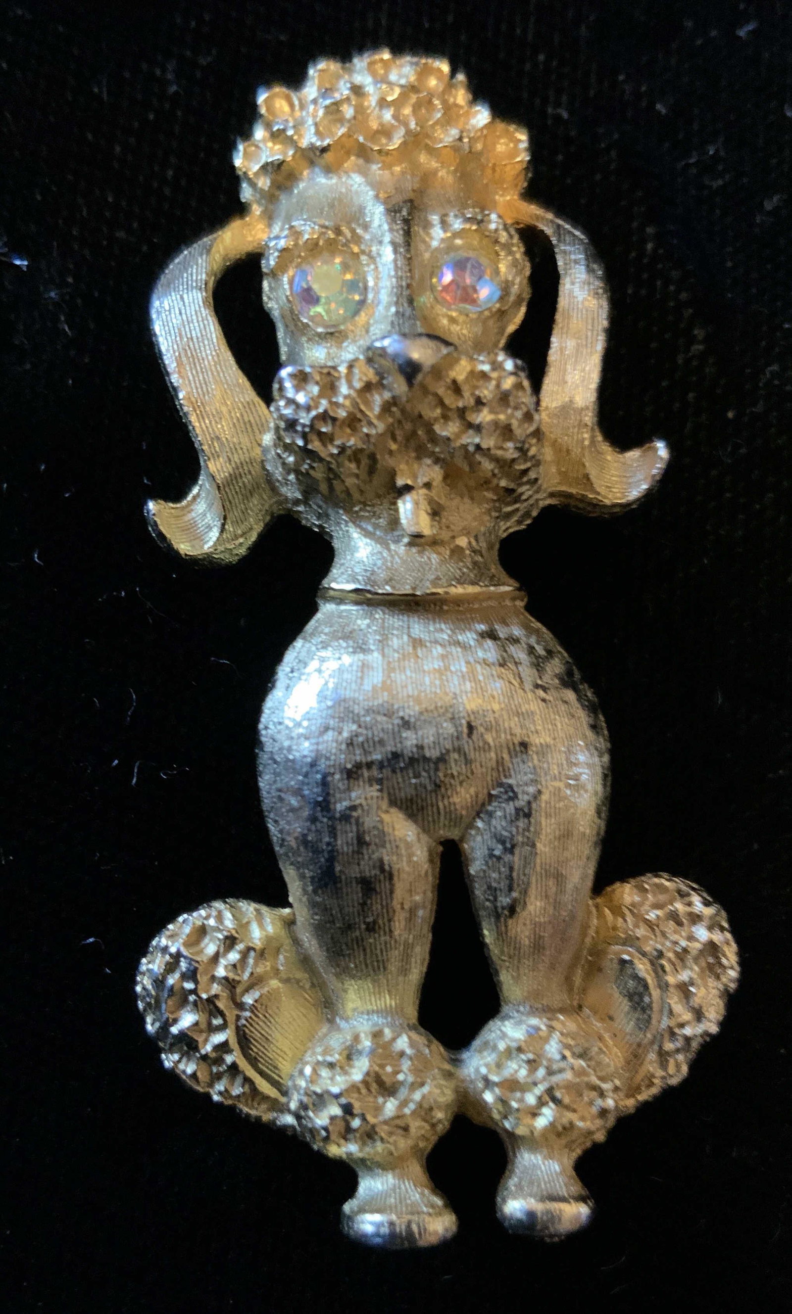 Vintage Gold Toned Poodle Brooch: Poodle pin with Rhine stone eyes, measures 2.5 by 1.25 inches, costume jewelry, vintage jewelry,