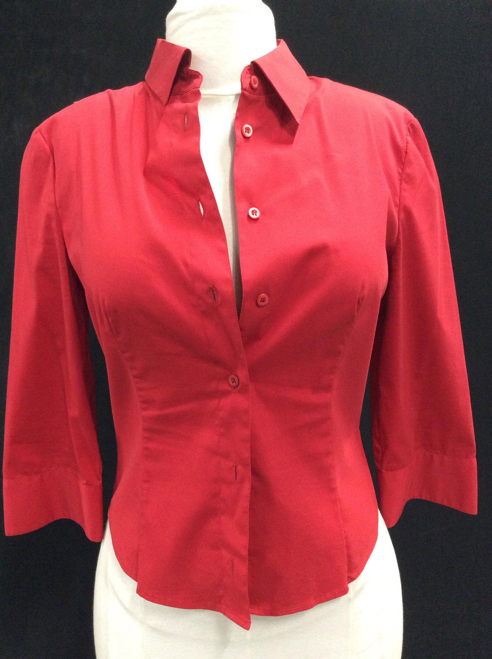 Red PRADA Button Down Blouse, Italy: Size Small. Label reads made in Italy. 72% cotton, 23% nylon, 5 % elastase. 3/4 sleeves. 20 in. to waist. Dry clean. Ladies, Clothing, Cotton, Prada, Size 40, Size small, Ladies wearables, Italian Clo