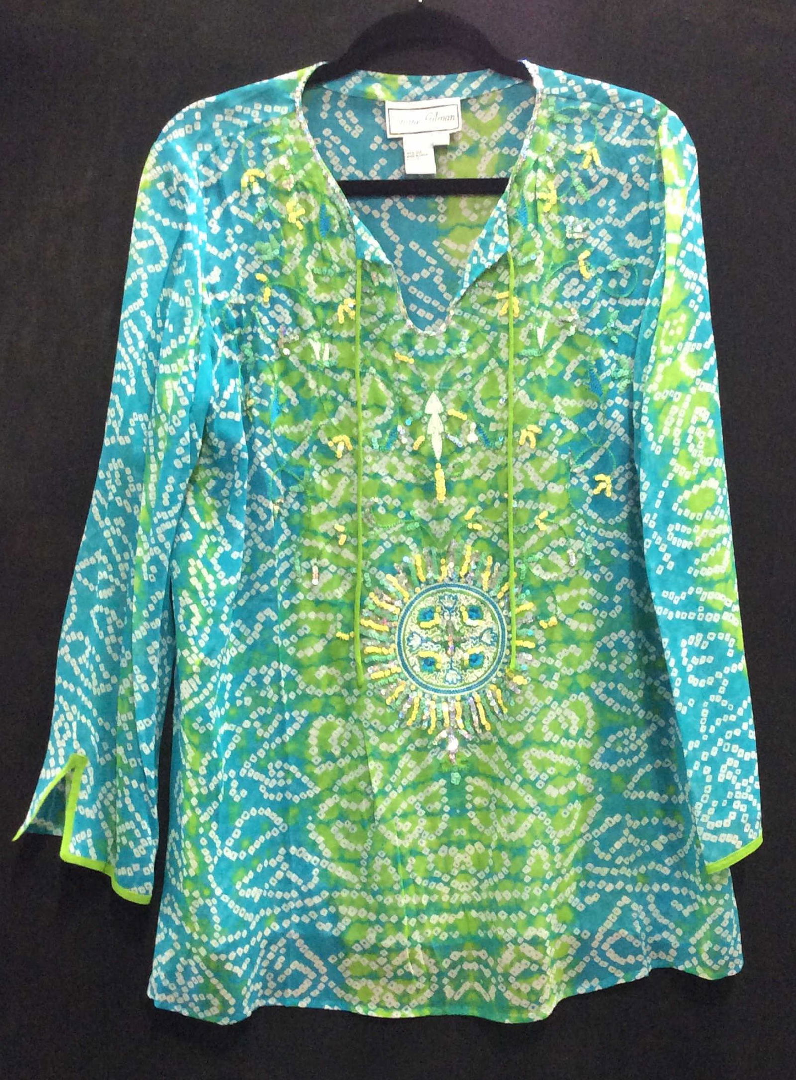 Silk Tunic Shirt, Size Med.: Designer Diane Gilman. Sundial Center Design, sequins, long sleeves, sleeves 7 in. Wide, 30 in. length. Tunic, Ladies summer fashion, casual wear, beachwear, bathing suit cover, size Medium, pool wear