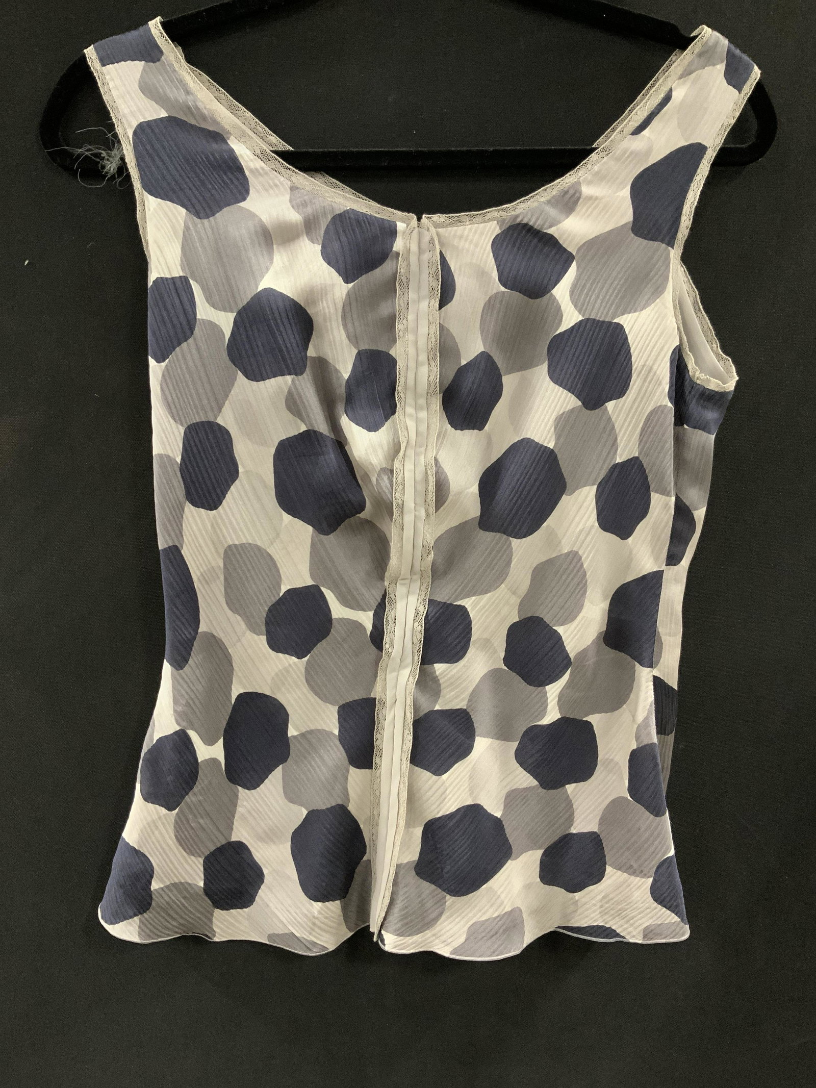 Giorgio Armani Silk Blouse, Italy: Gray silver cream polka dot sleeveless blouse, size 6, luxury Italian designer fashion, made in Italy, summer fashion, luxury clothing, wearable, zip up back
