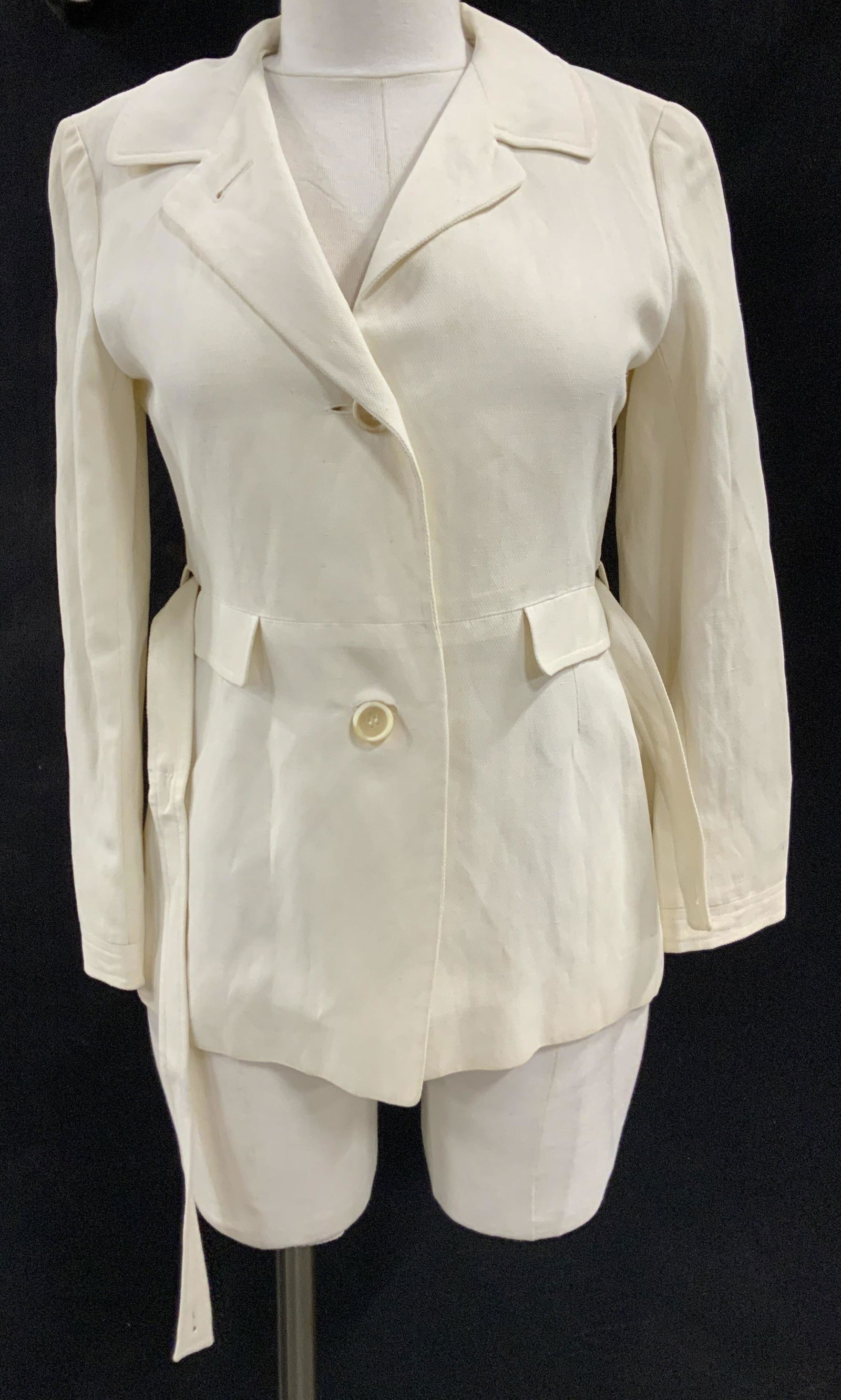 Jil Sander Bergdorf Goodman Designer Jacket: Label reads JIL SANDER, BERGDORF GOODMAN, on the Plaza New York, luxury designer brand jacket, luxury fashion apparel, made in Italy, linen jacket, size 34, has belt with buttons, some small spots nea