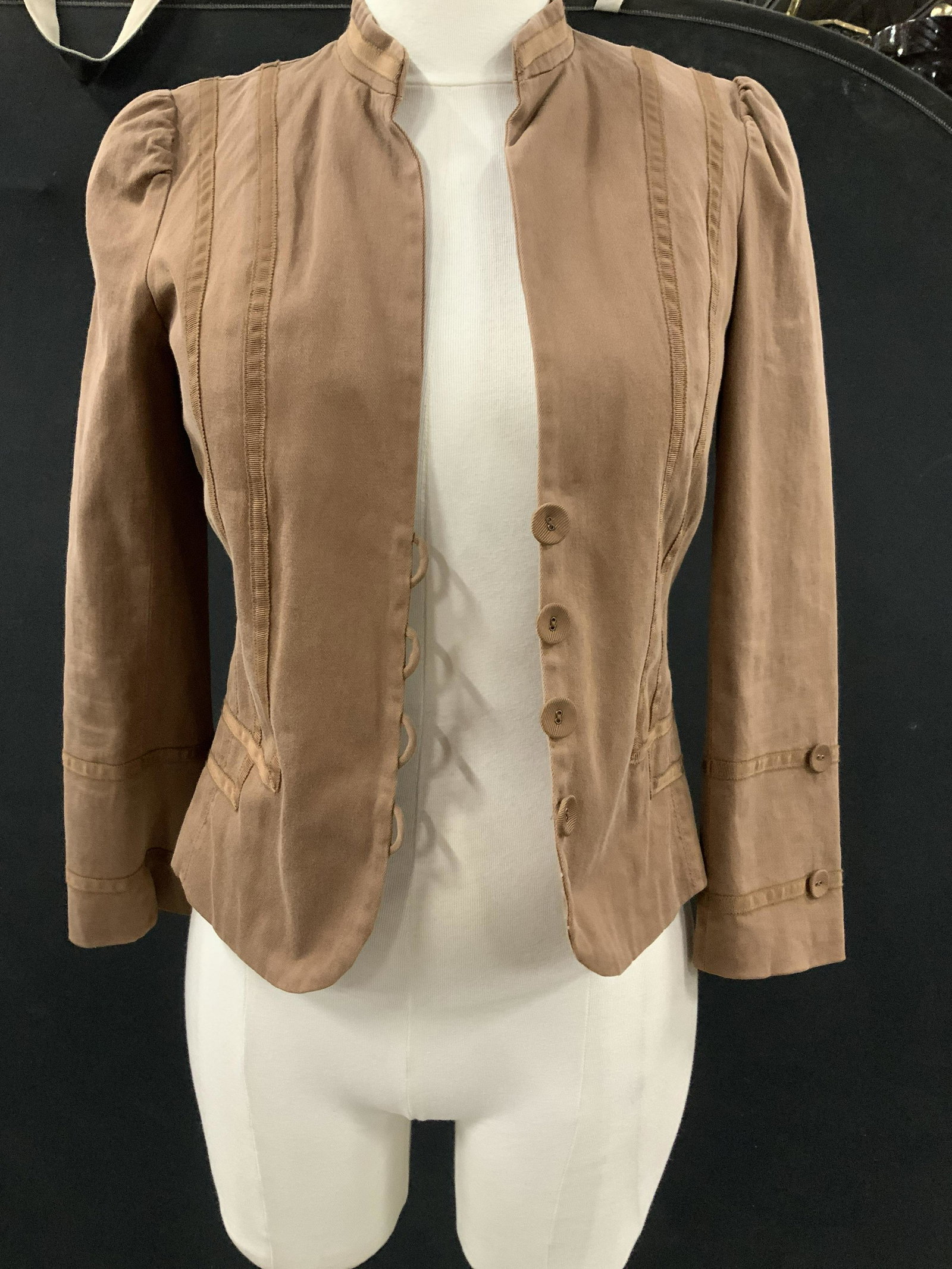 Marc Jacobs Luxury Designer Brand Jacket: Mocha toned cotton jacket with ribbon style pinstripe detailing, inside lining multi colored flowers, label for luxury designer Marc Jacob, ladies size 2. Fashion, outerware, fashion accessories