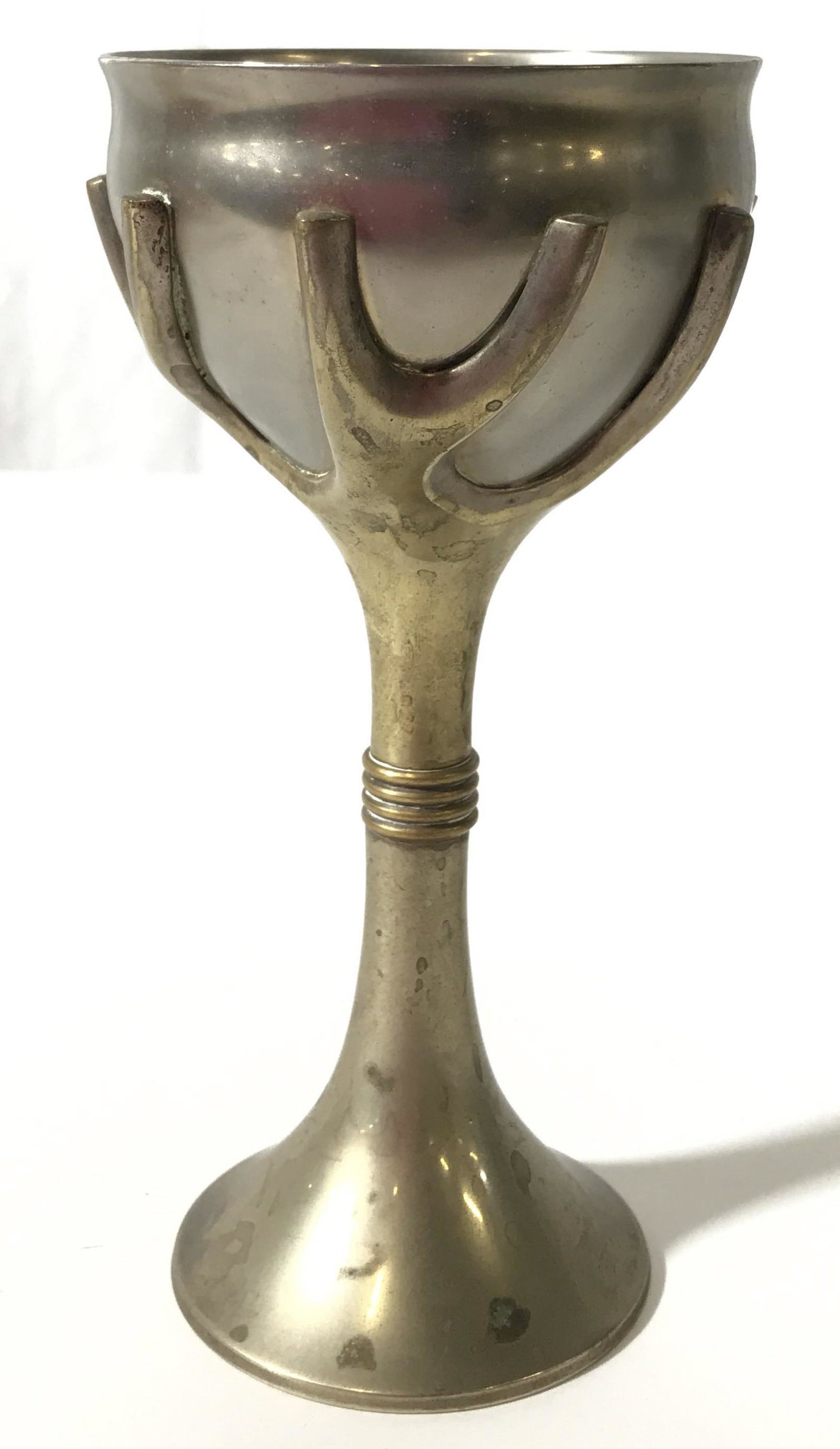 Silver Plated Sabbath Set, Israel: This is a sabbath set, consisting of a signed SANDRA KRAVITZ piece, and a pair of candelabras. The pieces are possibly vintage. The pieces of the set have been crafted to resemble a tree. The set appe