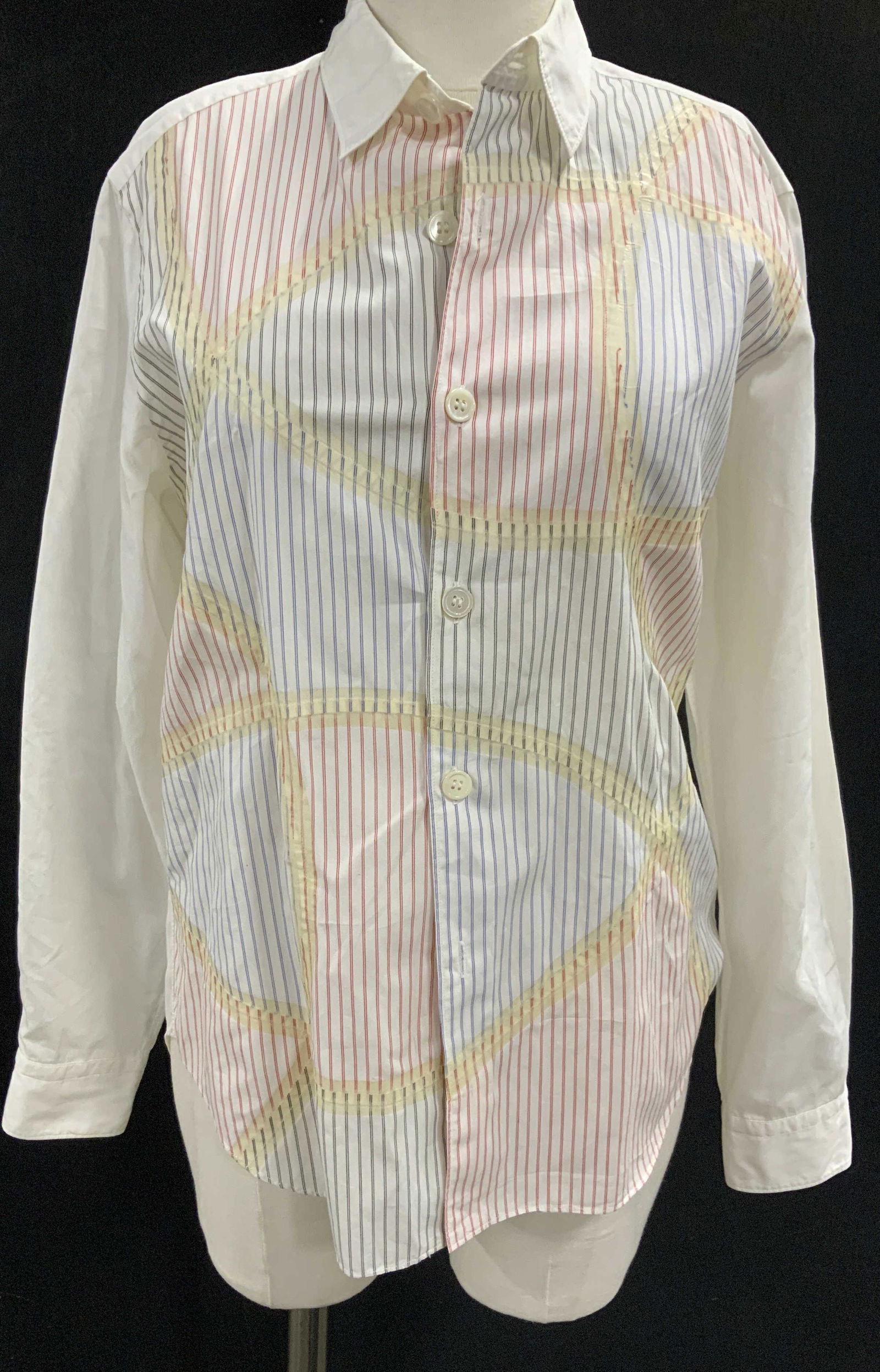 COMME DES GARÇONS, Hommes Shirt France: Luxury designer brand comme des Garcons, French luxury fashion house brand, designer top, all cotton, striped top, pinks yellow blues and creams, luxury French fashion , size small, French wearable,la