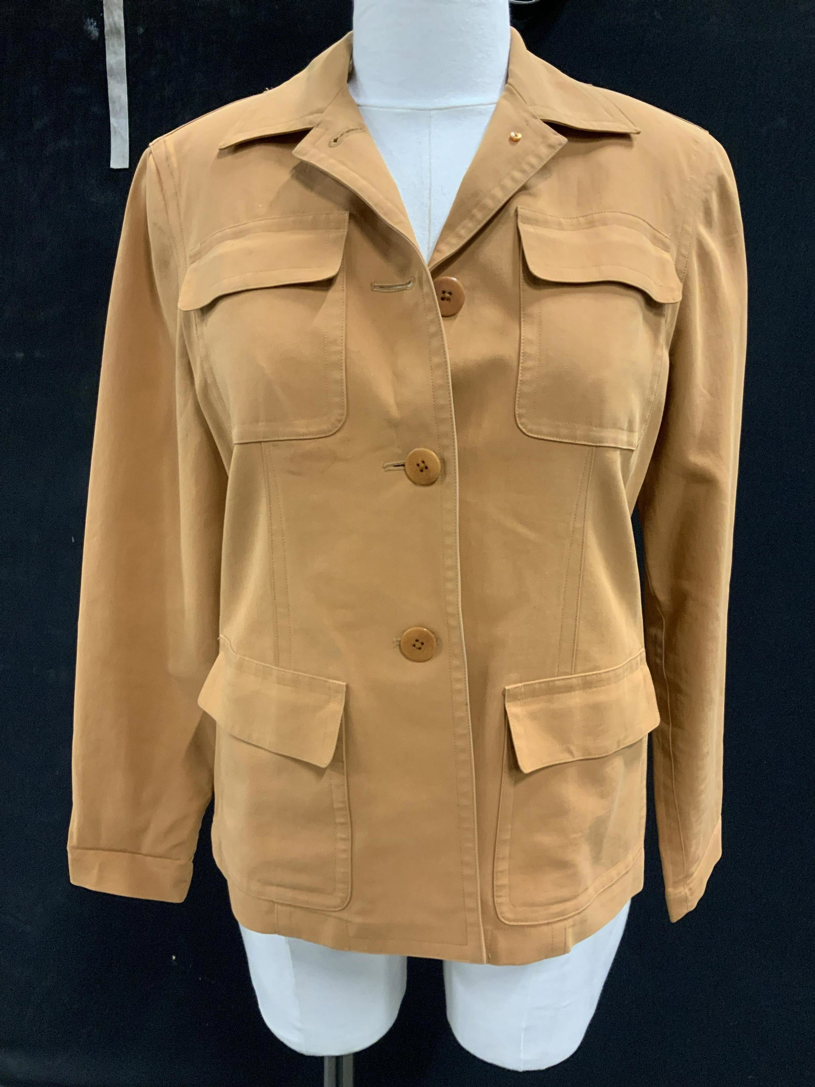 DONNA KARAN New York Cotton Jacket: Pumpkin toned cotton jacket, light weight button up jacket, luxury designer fashion, designer brand fashion, label reads Donna Karan New York, size 4, label reads made in Hong Kong