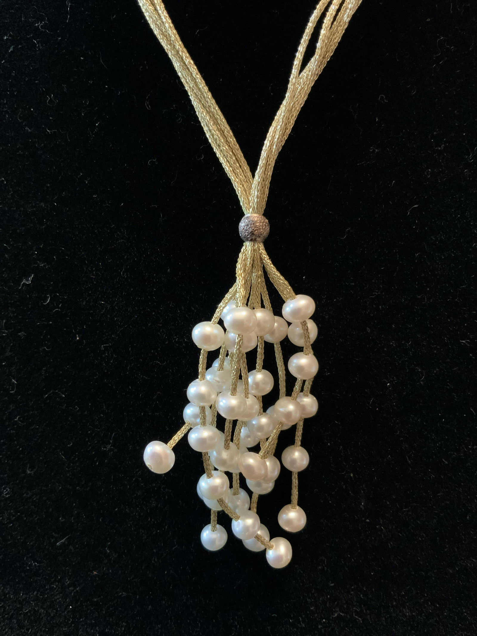 Vintage Gold toned Pearl Cluster Necklace: Multi strand gold toned necklace with silver toned accent beads and gold toned strand tassel pendant with pearl clusters, drop measures app 10 inches, vintage jewelry, fashion jewelry, estate jewelry,