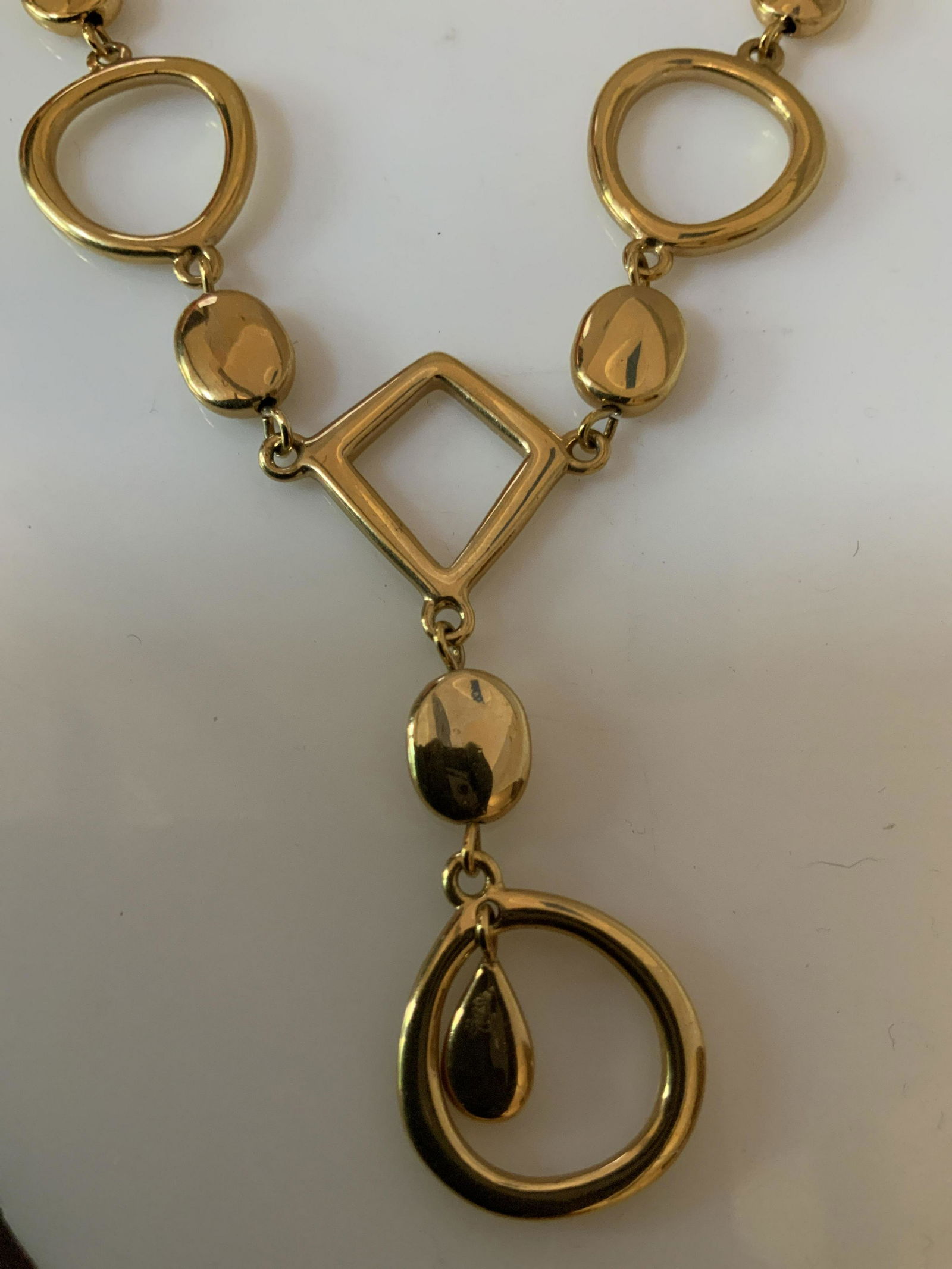 Gold Toned Geometric Pendant Necklace: Adjustable length necklace, gold circles diamond shapes and beads, as shown measures length 11 inches, vintage jewelry, fashion jewelry, estate jewelry, fashion accessory, vintage wearable