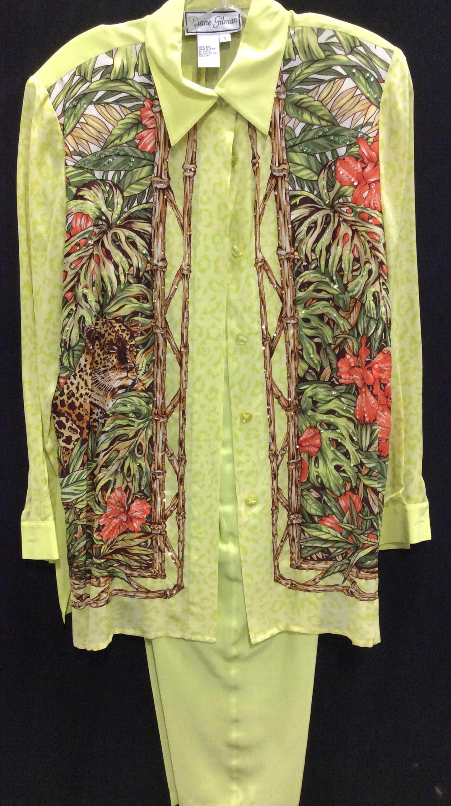 Silk Designer Ensemble, Blouse And Pants, Small: Diane Gilman Designs. 100% all silk. Tropical design Button down Blouse, 29.5 in. in length. Jaguar. Pants with all stretch waist, 30 in. Long, 23 in. Inseam. Side pockets. Silk, Jaguar, Jungle Design