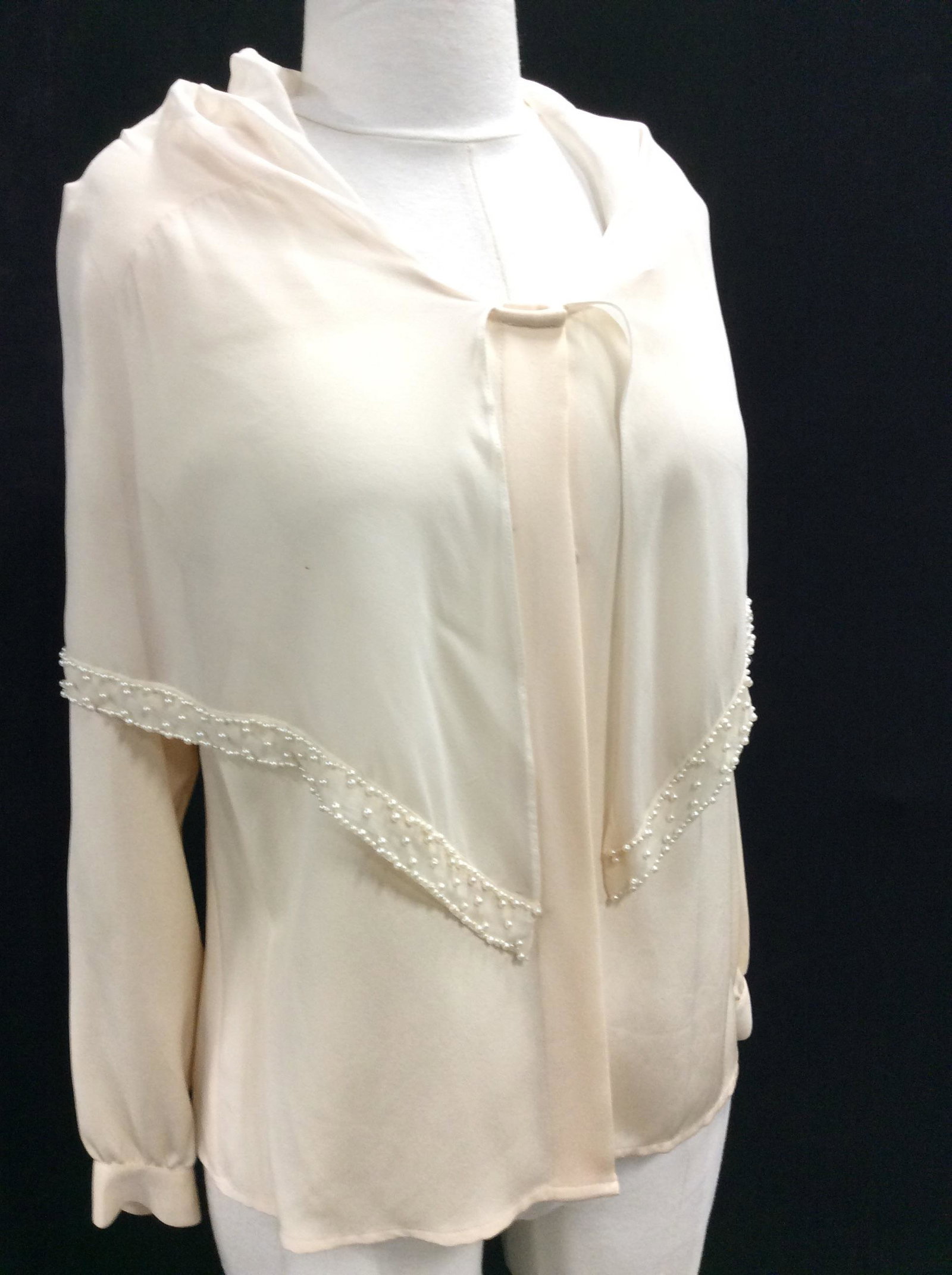 Silk FDR DRIVE Button Down Blouse, Sz S: 100 % silk, cream palette, Petite Small, length shorter in front (23 in.) longer backside . Sewn in wrap drape w pearl design. Button cuffs. Luxury silk, Ladies Blouse, FDR DESIGN label, ladies Fashio