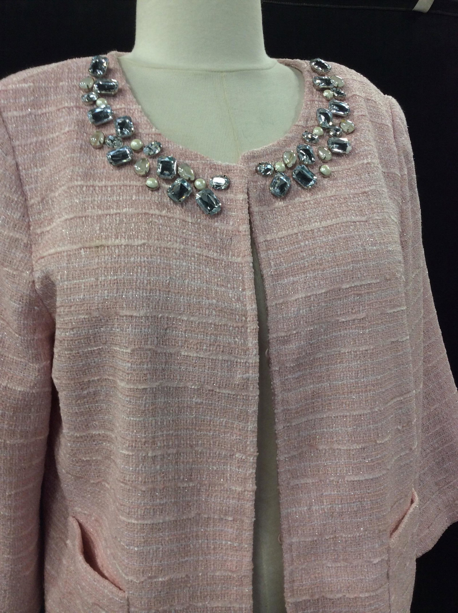 Joan Rivers Pink Rhinestone detailed Suit Jacket: Size Med. Pink, front pockets, interior lining, hook and loop closure, boxy shape, rhinestone crew neck jewels. 23 in long. Vintage Joan Rivers, Fashion Jacket, Suit Jacket, Casualwear, Bling, Size M,