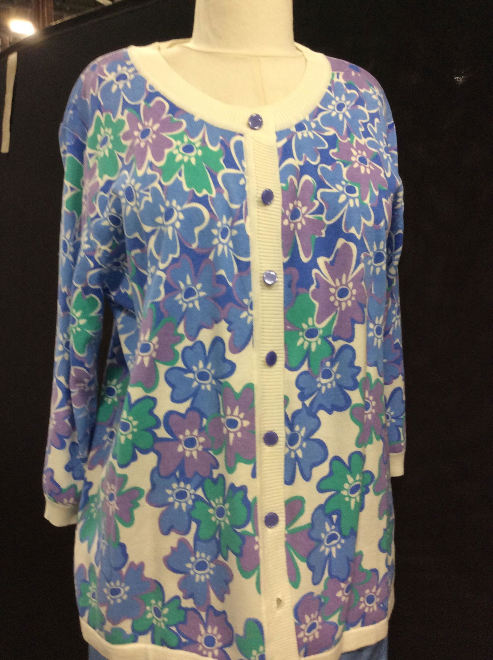 Cardigan Pants Set by Bob Mackie Wearable Art: Size Med. Silk Pant in cornflower blue. Length 39 in. Inseam 25 in. Side pockets, all stretch waist. Cardigan in colorful florals- greens, blues, purple. Button down. Both loose fitting. Label reads 6