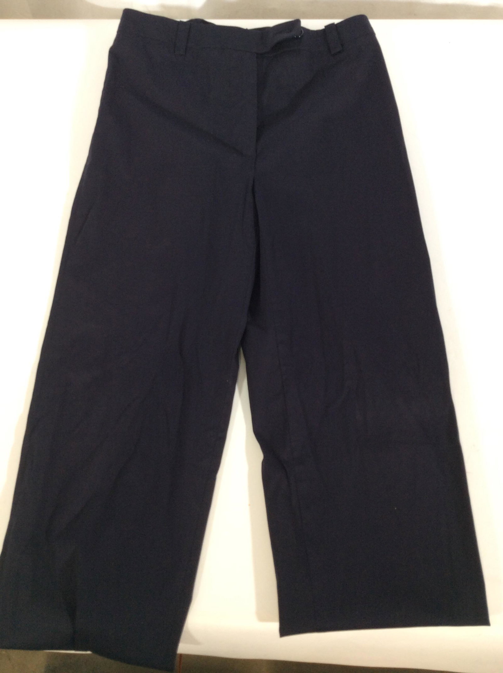 Navy Blue PRADA Cotton Straight Leg Pant, Italy: Size 38 waist. Label reads PRADA MADE IN ITALY 38. Length 39.5 in. Inseam 28.5 in. Lightweight. Loops to hang on hanger. Belt loops. Underside of hems are pinned with additional 2 in length. Summer Pa