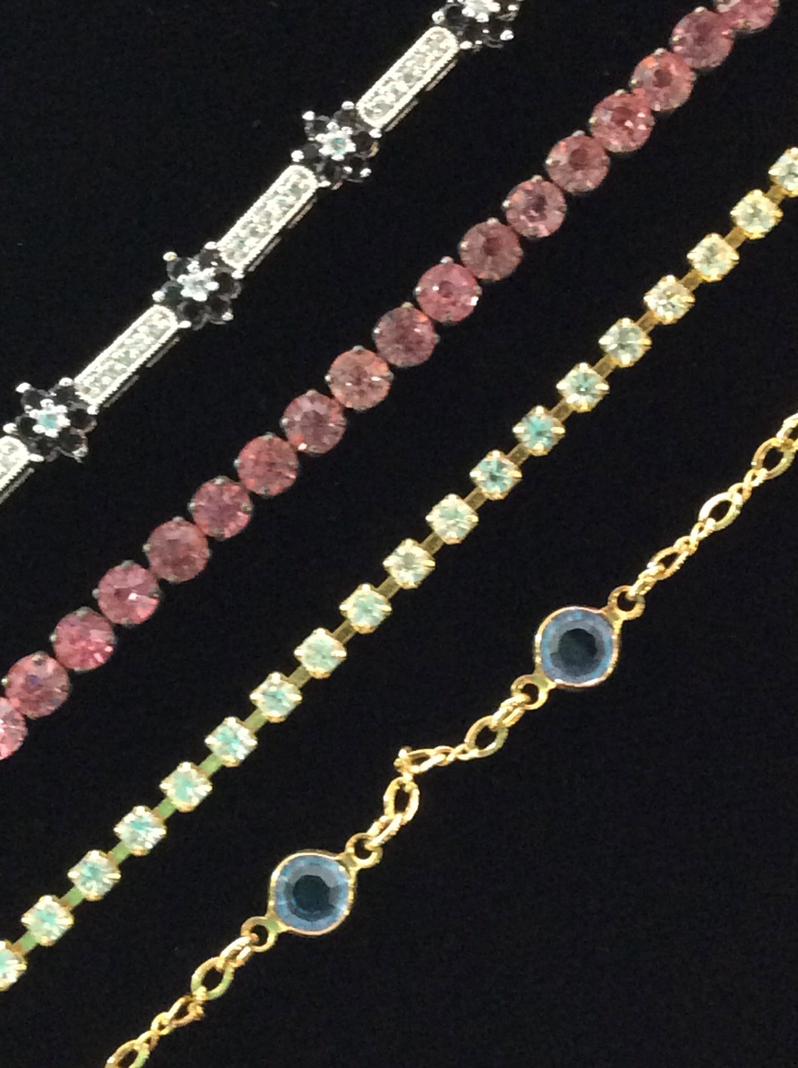 Lot 4 Rhinestone Vintage, Contemporary Bracelets: Lengths from 6.5- 7 in. Tennis bracelet style and beveled blue topaz style. Jewelry, Ladies fashion accessories, Rhinestone, Bracelets, Chain and tennis bracelet fashions, ladies estate costume jewelr