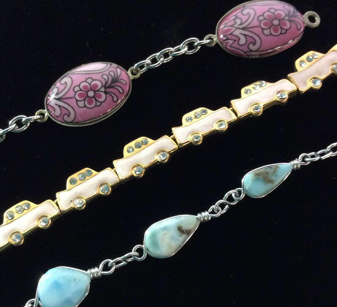 Lot 3 Bead, Enamel, & Stone Fashion Bracelets: Lengths range from 6 3/4 - 7.5 in. Floral resin bead, rhinestone and enamel pink car, larimar Style stone. Fashion Jewelry, Ladies Fashion Accessories, Chains Bracelets, Larimar, Car, Flower, ladies v