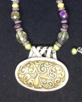CHICO’S Adjustable Pendant & Bead Necklace: Embossed Gold tone metal pendant bezel - set in silver tone metal. AB faceted Beads On Chain, colored costume pearls and painted glass beads. lobster clasp. 17 in. Chico’s Necklace, Costume Jewelry,