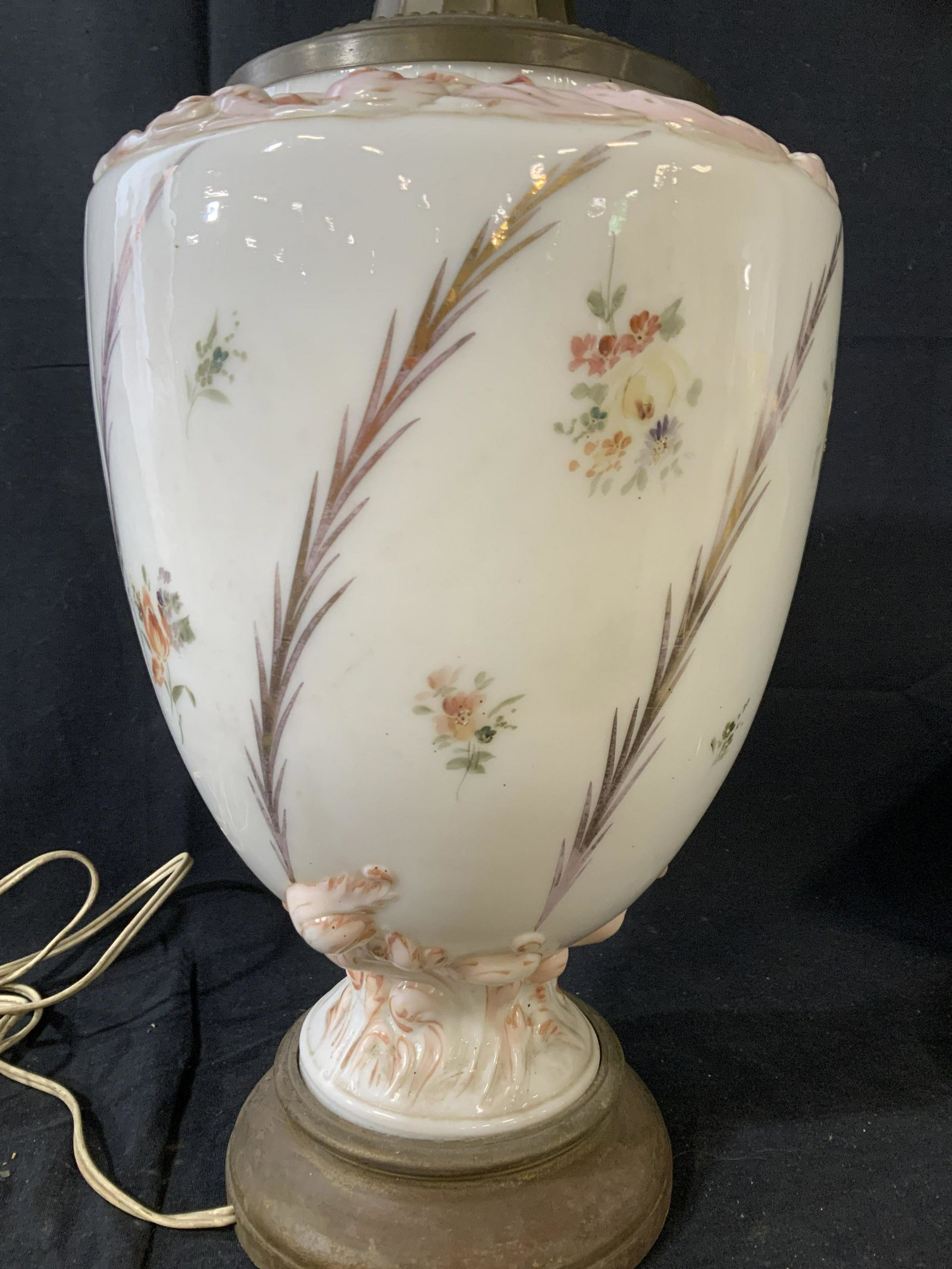 Vintage Porcelain Painted Lamp: White porcelain with scattered floral design and pink flamingos at base, has hairline crack, metal base and top, to two light socket measures ht 29 inches, home lighting, decorative arts and accessori
