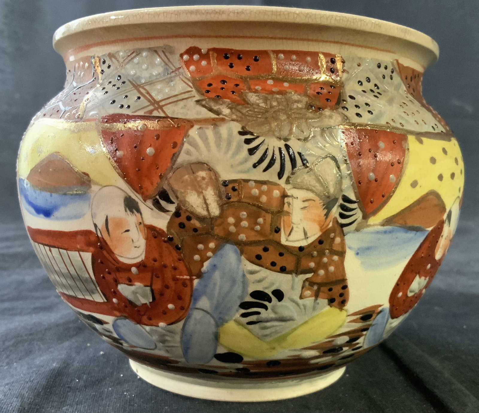 Vintage Asian Porcelain Hand Painted Vase: Asian vase, vessel, table ware, with painted Figurals, elders and children, gilded accents, Asian arts and crafts, Asian decorative accessories, measures ht app 5 inches, diameter app 6.5 inches